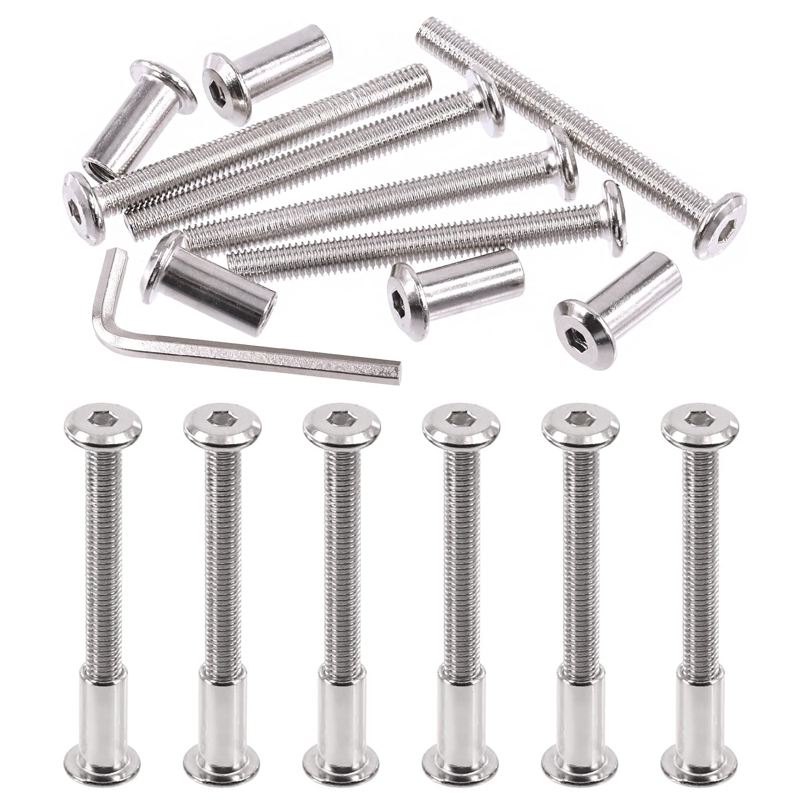 Swpeet 25Pcs M6x60mm Nickel Plated Sliver Binding Screws Hex Drive Socket Cap Bolts Barrel Nuts Assortment Kit with 1Pcs Allen Wrench, Screw Post Fit for Furniture Countsunk Belt