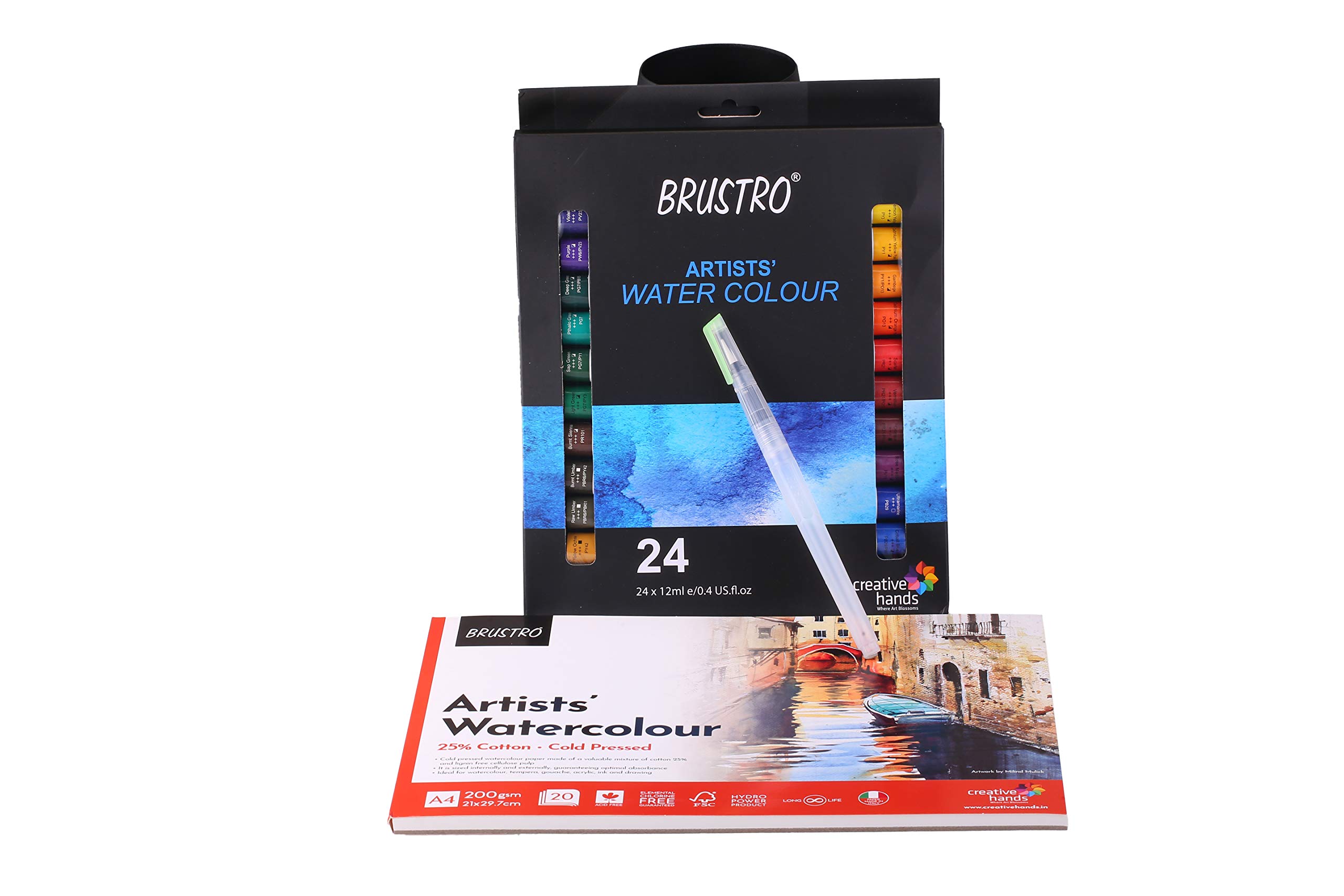 BRUSTRO Artists ’ Watercolour Paint Set of 24 Colours X 12ML Tubes with Artist 25% Cotton Pad Cold Pressed 200 GSM A4 Pad 20 Sheets and Aqua Squeeze Leak Proof Brush Pen (B083Z9SNXD) Amazon Price History, Amazon Price Tracker