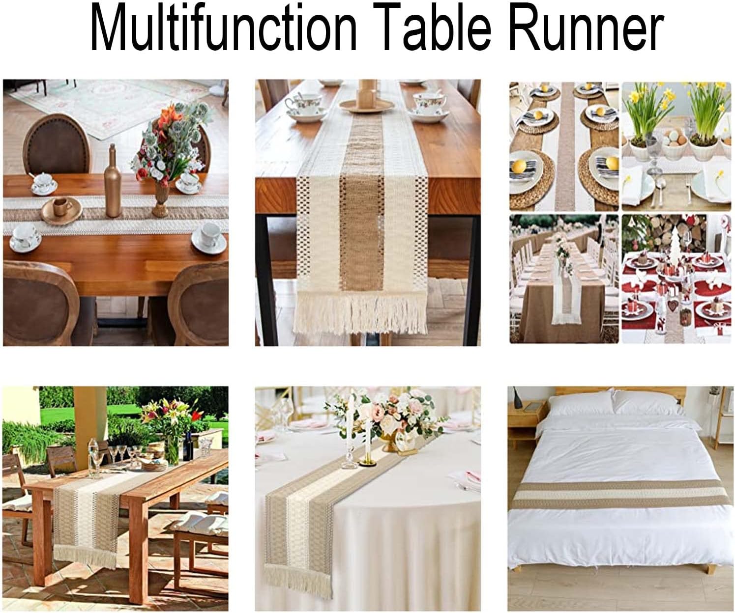 ZHOUZHOU Boho Table Runner with Tassels, 2 Pack Macrame Burlap Table Runners Splicing Cotton Table Runner for Fall Wedding Party Modern Farmhouse Kitchen Dining Table Decor, 12x86 inch