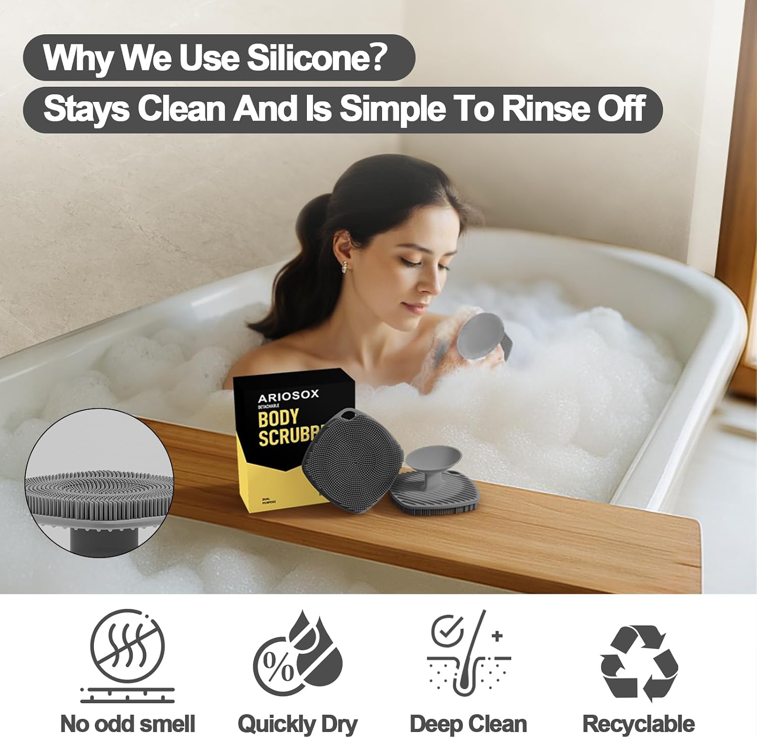 Silicone Body Scrubber, Bath Brush,Gentle Texture Exfoliating Body Scrubber for Men and Women On Sensitive Skin, Soft Scrubber Builds Up Lather, Deep Skin Clean (Gray)