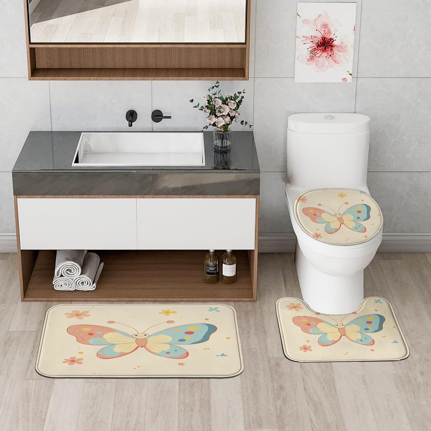 4PCS Cartoon Kids Butterflies Bathroom Accessory Sets with Non-Slip Rug, U Shape and Toilet Lid Cover Mat, Cute Fun Retro Bathroom Curtain Fabric Decor-72''x72''