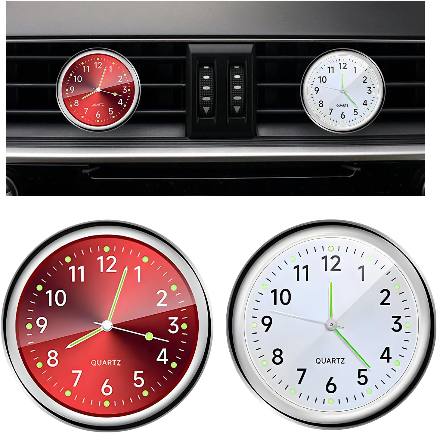 2 PCS Stick on Dashboard Car Clock, Night Luminous Clocks Mini Automotive Air Vent Watches, High Precision Quartz Clock for Vehicle Home Office, Interior Car Accessories (Red+White)