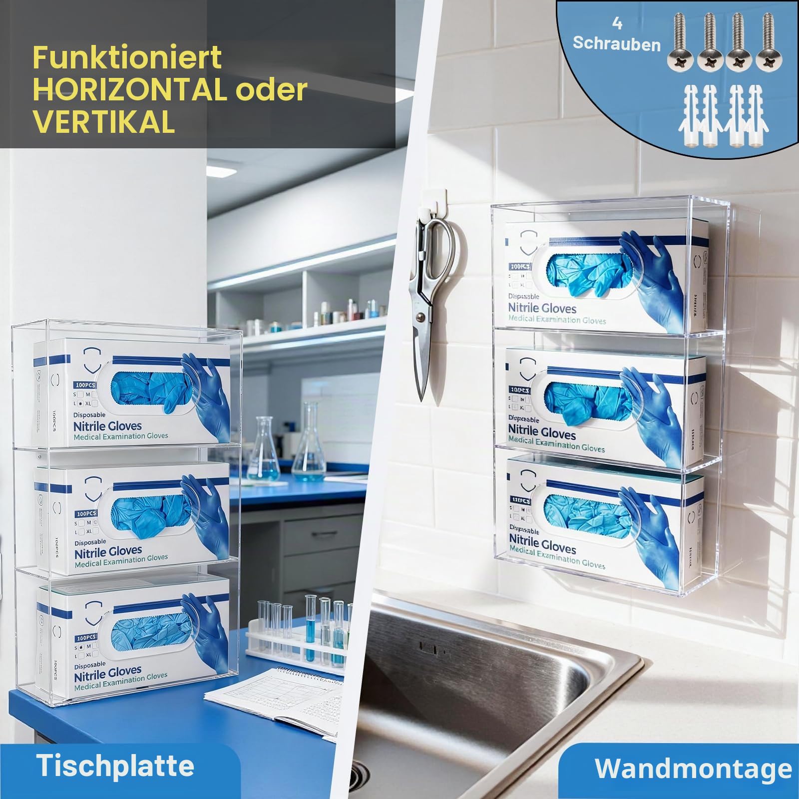 Wandhalter für Einmalhandschuhe (für 3 Boxen), 3-Fach Acryl Handschuhhalter Handschuhspender - Handschuhbox Halterung für Vinyl, Latex, Nitril Einweghandschuhe, Transparent
