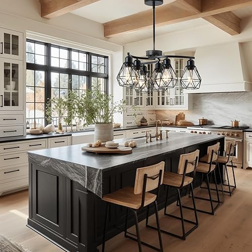 Miniatura 9 de Candelabro negro de 6 luces, lámpara de granja para comedor sobre mesa, iluminación colgante industrial de 21.7 pulgadas con pantalla de jaula de