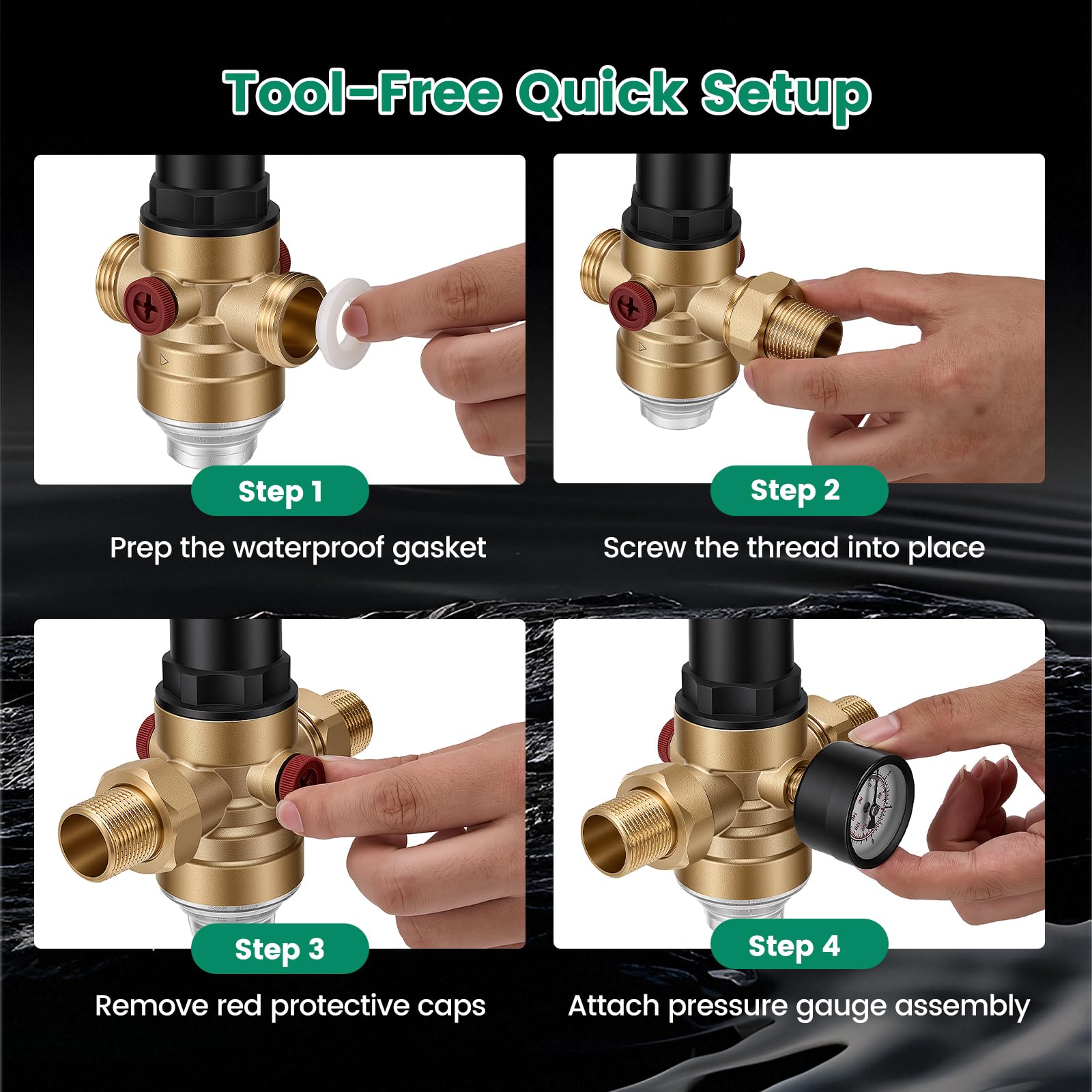 Riduttore di pressione dell'acqua da 3/4" con manometro e filtro da 40 μm, riduttore di pressione dell'acqua regolabile in ottone, pressione di uscita 1-6 bar, adatto per acqua potabile per casa
