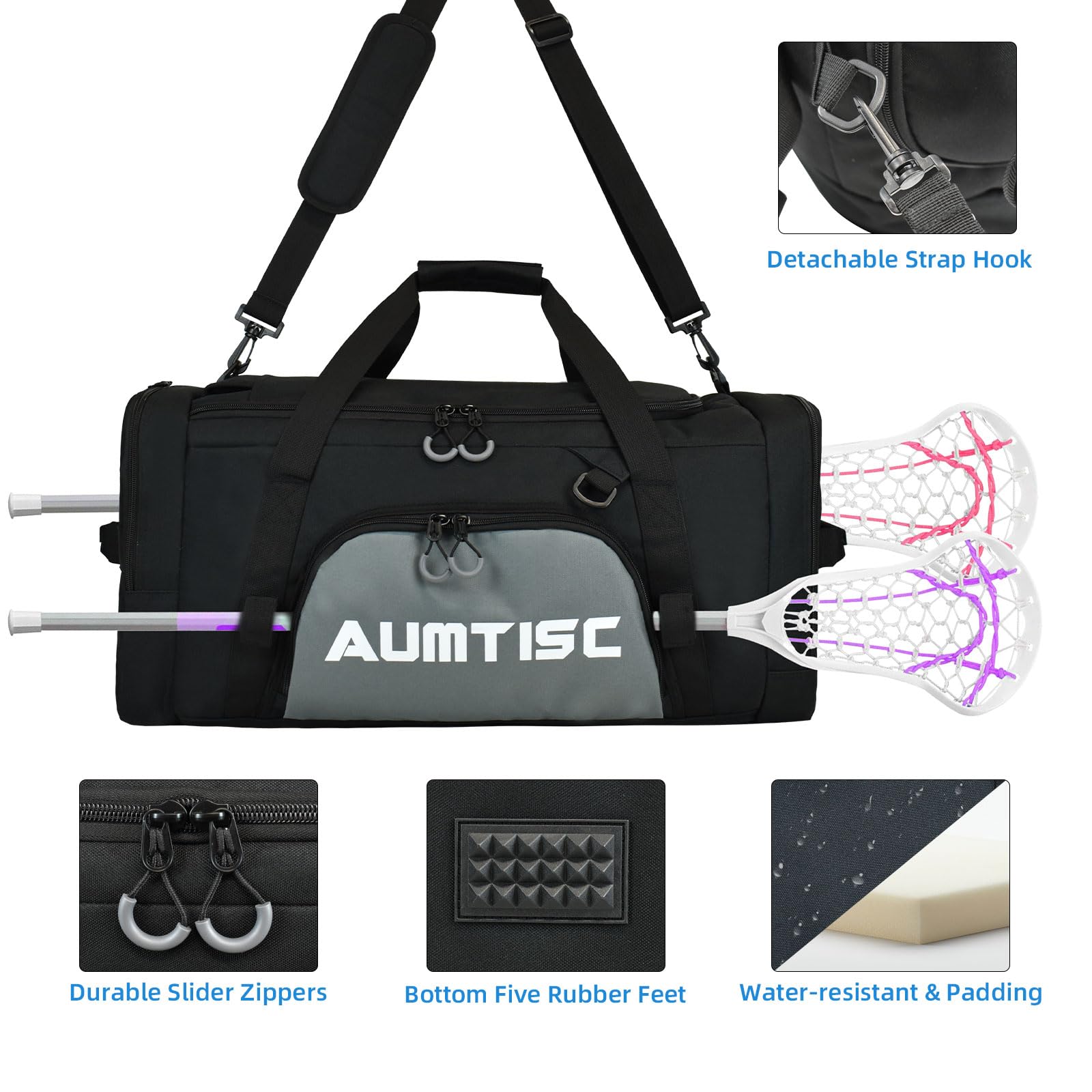 AUMTISC Sac de crosse, peut être utilisé comme sac à dos ou sac de sport, 2 supports de bâtons et compartiment séparé à crampons, grande capacité de 75 l pour contenir tous les équipements de crosse