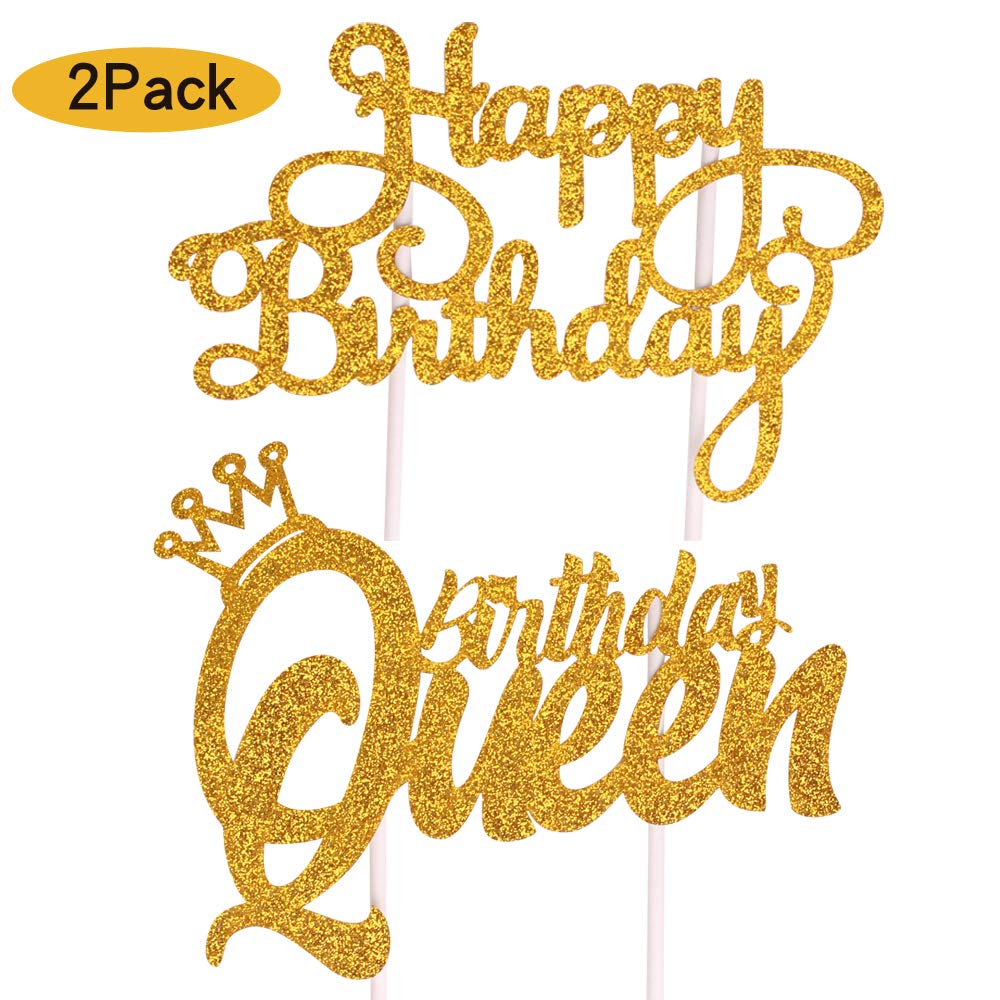 DELIGHTBOX Queen Birthday Cake Topper Gold Glitter Happy Birthday Cake