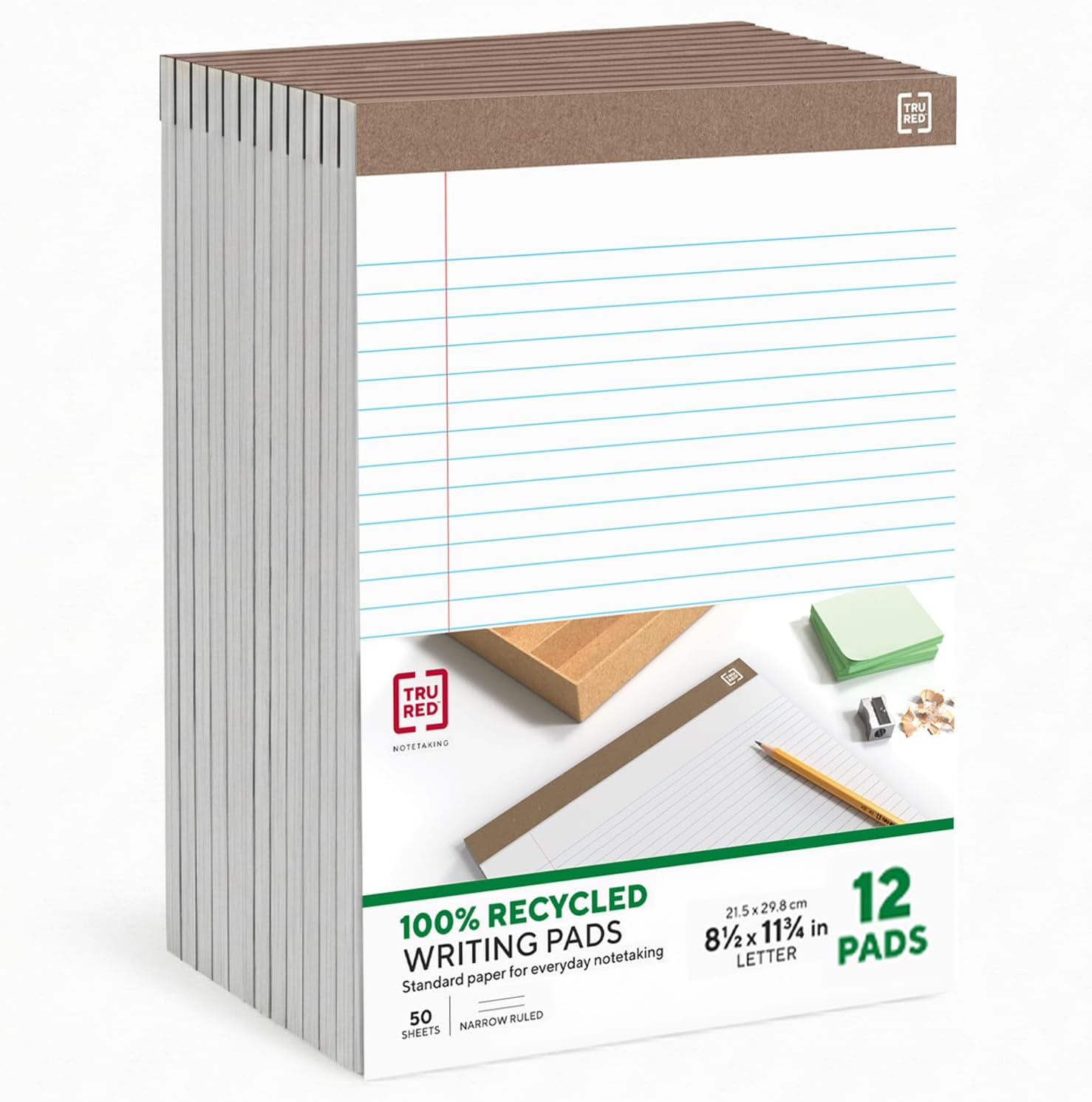 TRU RED Legal Pads, 8.5” x 11.75”, Narrow Ruled, White, 12‑Pack