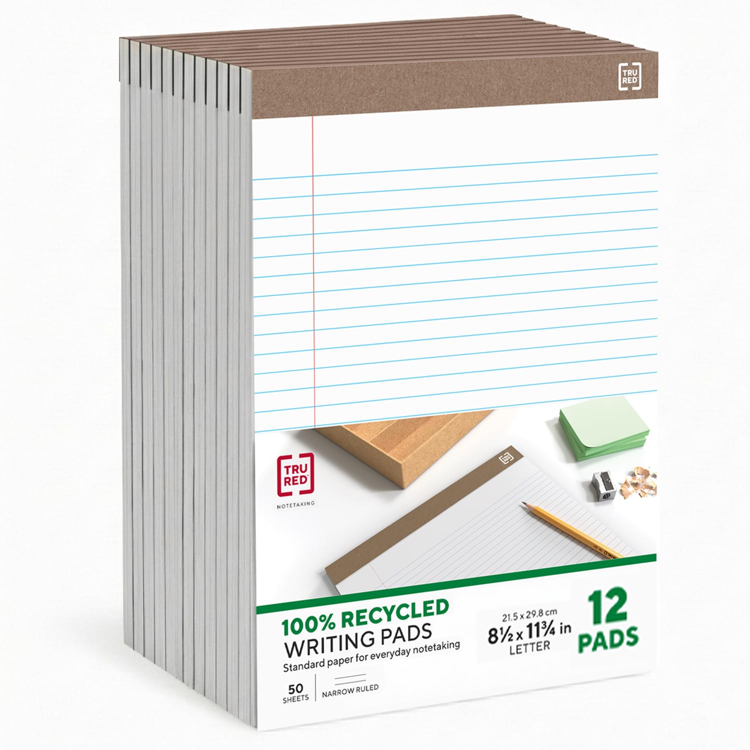 TRU RED Legal Pads, 8.5” x 11.75”, Narrow Ruled, White, 12‑Pack