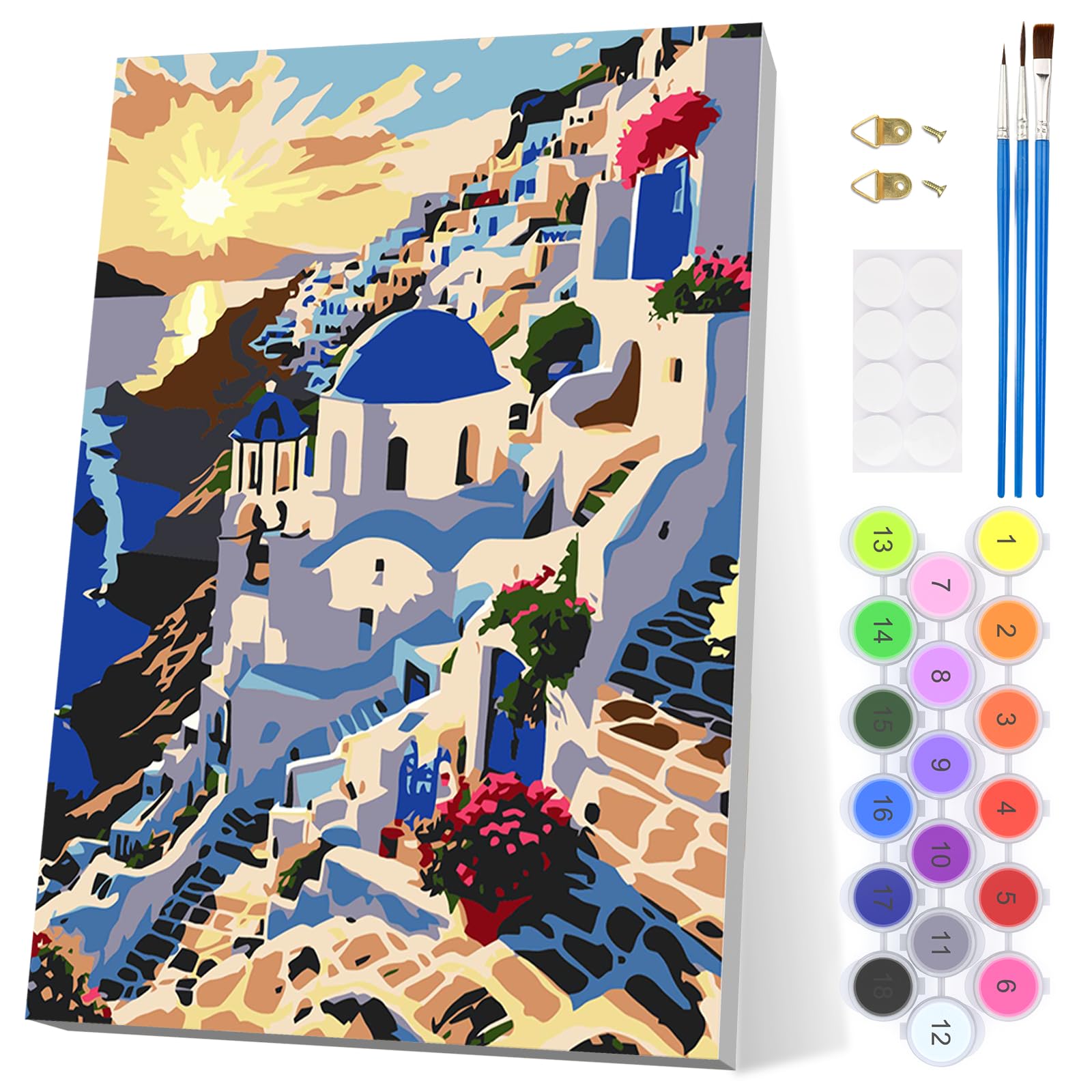 EOBROMD Greek Paint by Numbers for Adults Beginner with Frame, Landscape Paint by Numbers Kits, Ocean View Acrylic Easy Painting by Numbers for Gift Home Wall Decor 8x12in