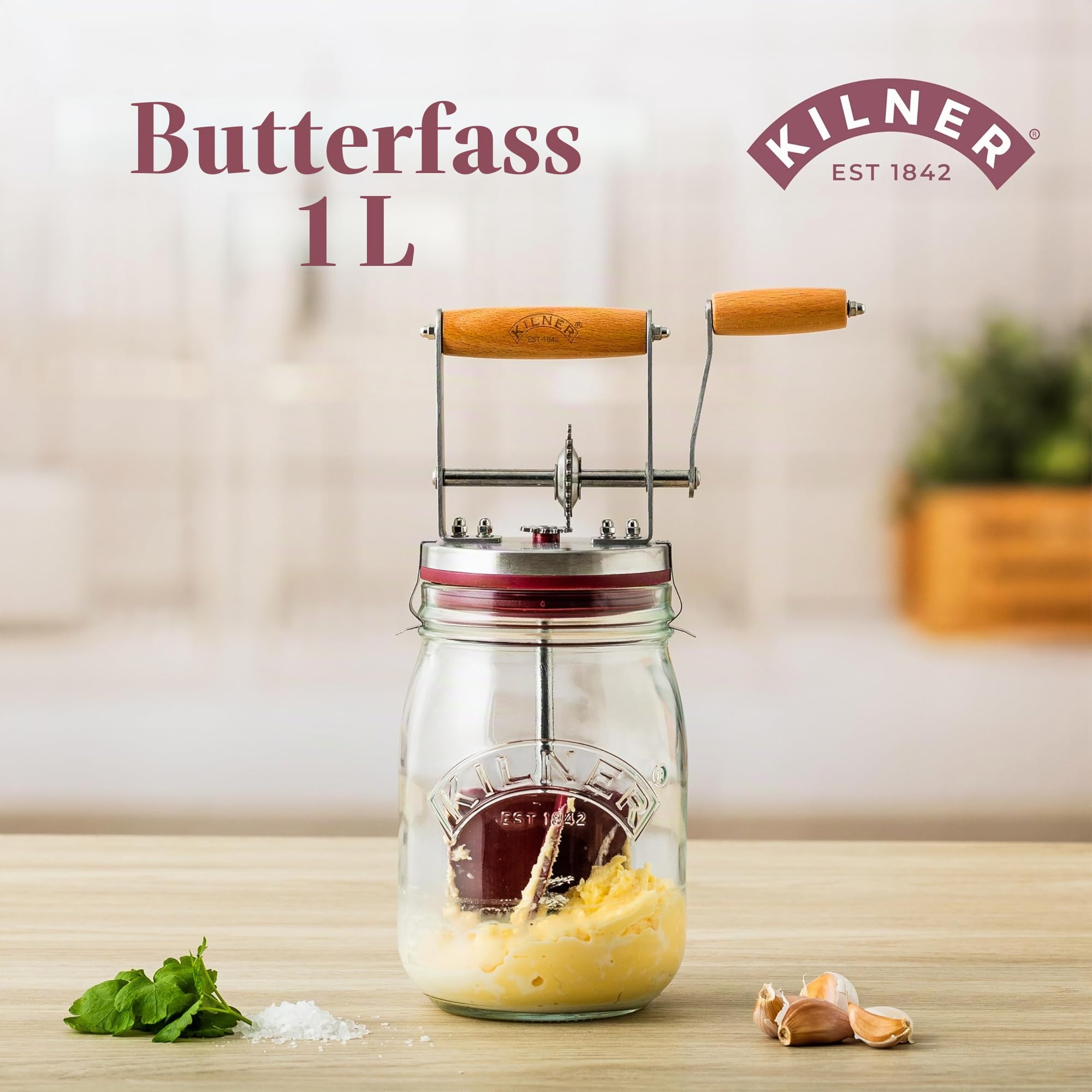 Kilner Butterfass Glas mit Handkurbel, leckere Butter selber machen in nur 10 Minuten, mit Silikonrührer, 1L, inkl. Anleitung und Rezepten, auch für Kräuterbutter, Knoblauchbutter usw., 27 cm hoch