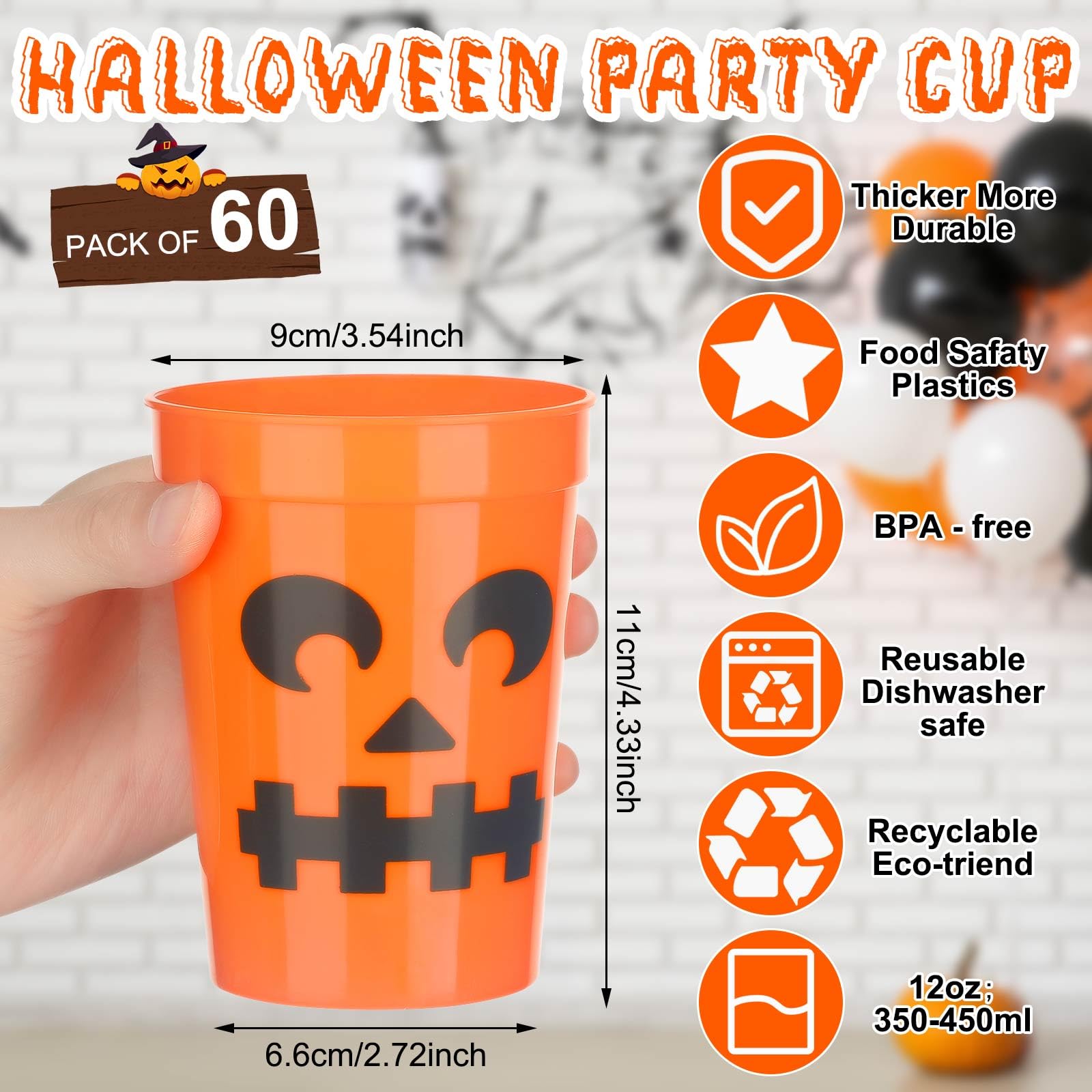 Sliner 60 Pieces Halloween Jack O Lantern Cups 12 oz Plastic Scary Printed Pumpkin Design Cup Reusable Orange Cute Halloween Party Supplies for Liquor Juice Hot Cold Drinks Coffee Kitchen Adult Kids