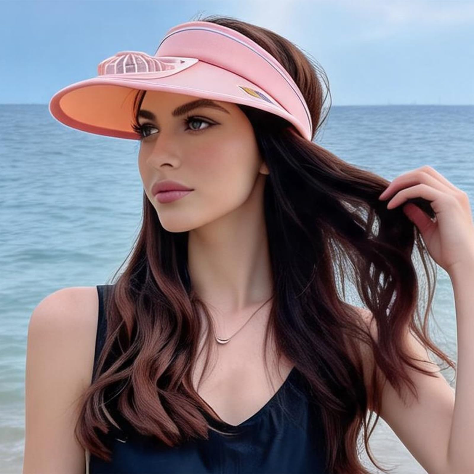 Generico New Gorro de sol de verano para mujer con ventilador recargable, visera ancha, sombrero de exterior con parte superior vacía, ideal para jardinería, senderismo y uso diario.