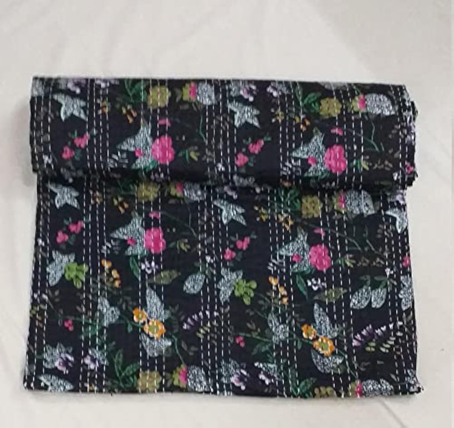 Kantha Quilt Handmade Black Floral Print Bedspread Throw Blanket Quilt Indian Bedding Quilt, Throw Blanket (60 X 90 Inches)