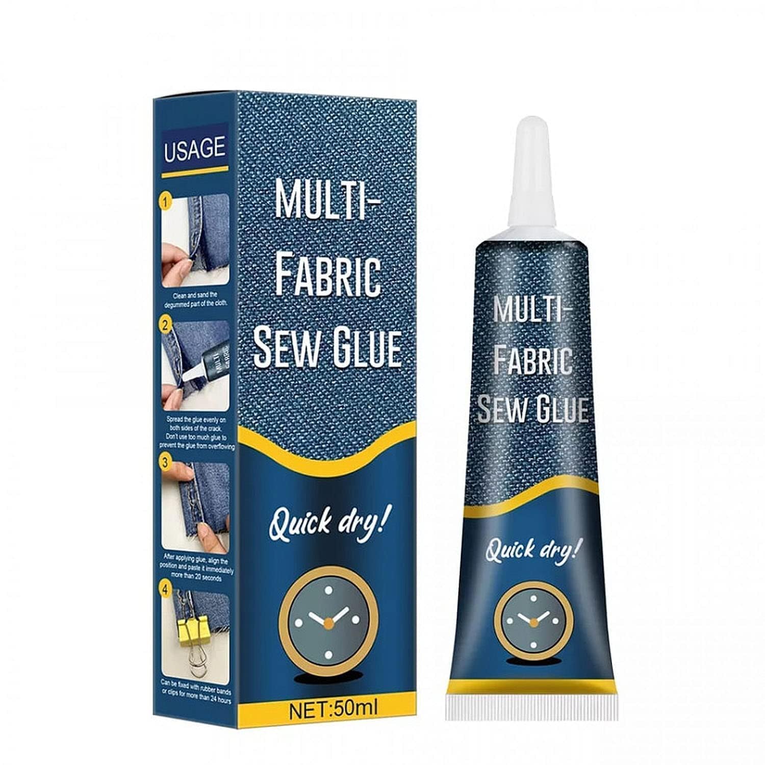 Fabric Glue 50ML – Strong Bond Clear Drying Waterproof Adhesive for Clothes Repair, Patches & Sewing Alternative, Permanent Washable No-Sew Liquid Glue for Denim, Cotton, Leather & All Fabrics