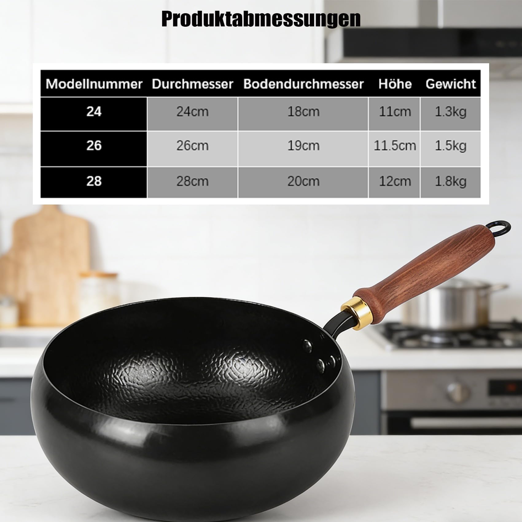 DZ'HUE Tsubame Sanjo Pfanne, Japanische Eisenpfanne, unbeschichtet, dickwandiger Eisentopf, schnell erhitzender Gusseisen-Wok, Holzgriff, geeignet für Gasherd und Induktionskochfeld (24cm)