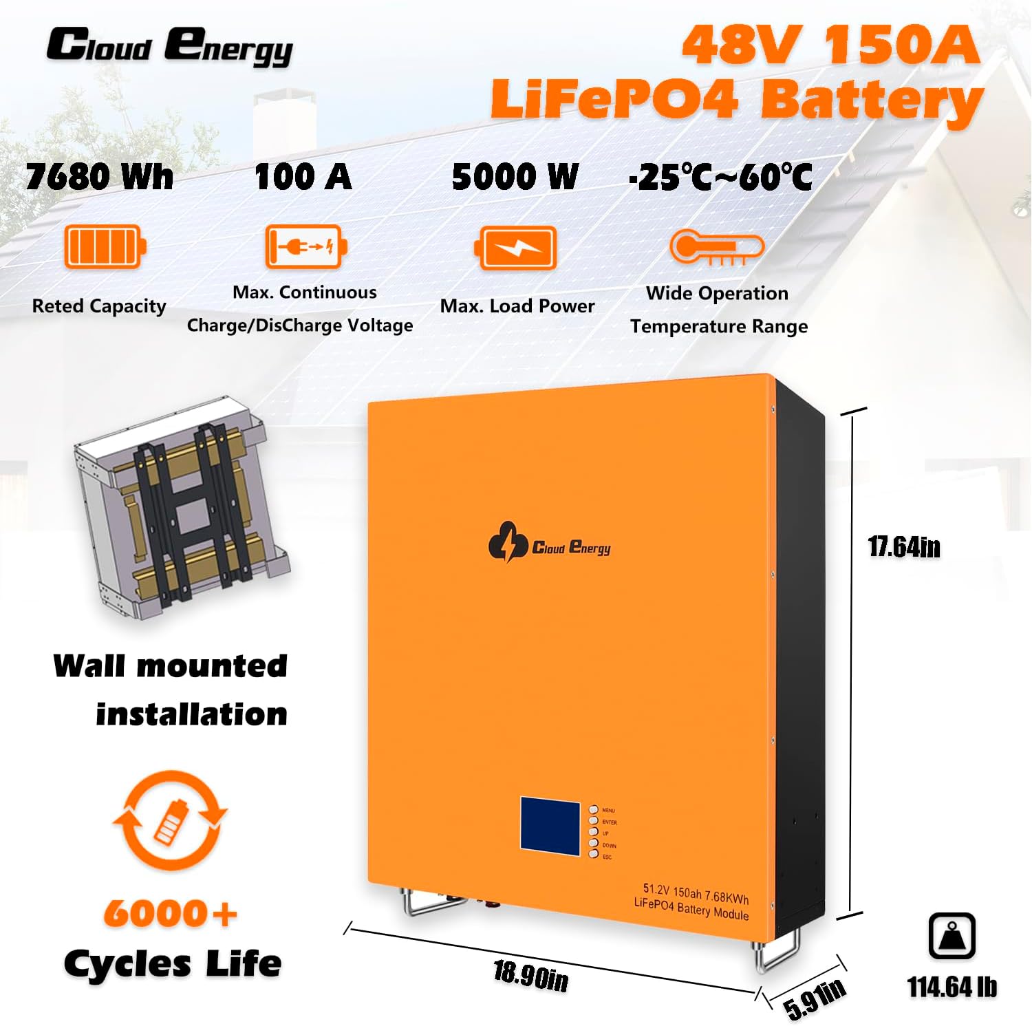 Cloudenergy 48V 150Ah LiFePO4 Battery with specifications including 7680 Wh rated capacity, 100A max continuous charge/discharge, 5000W max load power, wide operation temperature range, wall mounted installation, and 6000+ cycles life. Dimensions are 17.64in height, 18.90in width, 5.91in depth.