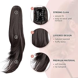 HEWEICSY Ponytail Extension, 20 Long Claw Hair Extension Synthetic Wavy Straight Hairpieces Clip in Ponytail Wig Daily Fluffy Pony Tail for Women (Darkest Brown)