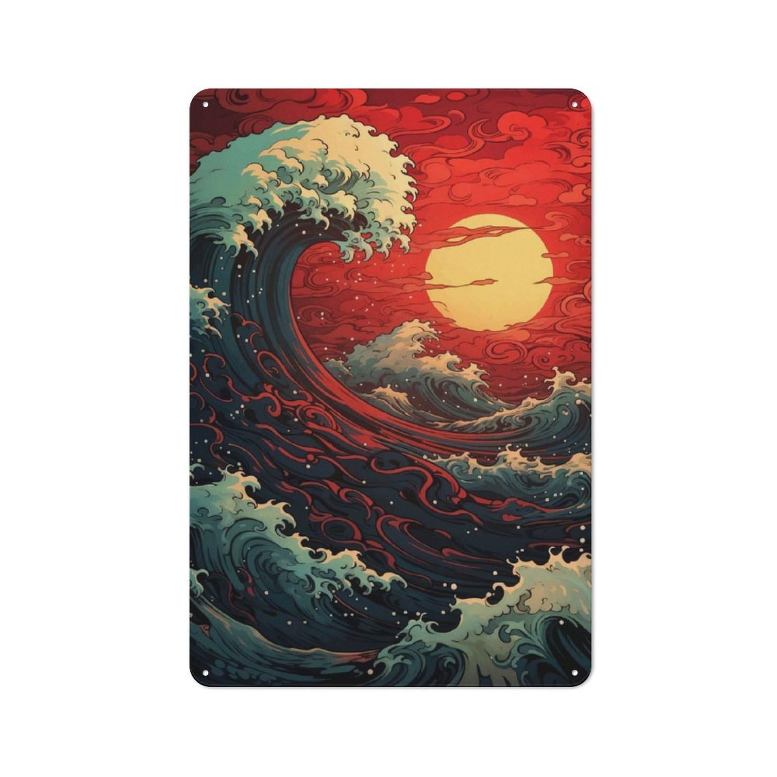Junmoney Japan Wave Sunset Vintage Tin Sign 30X20cm With For Garage Wall, Suited To People Furnishing A Garage