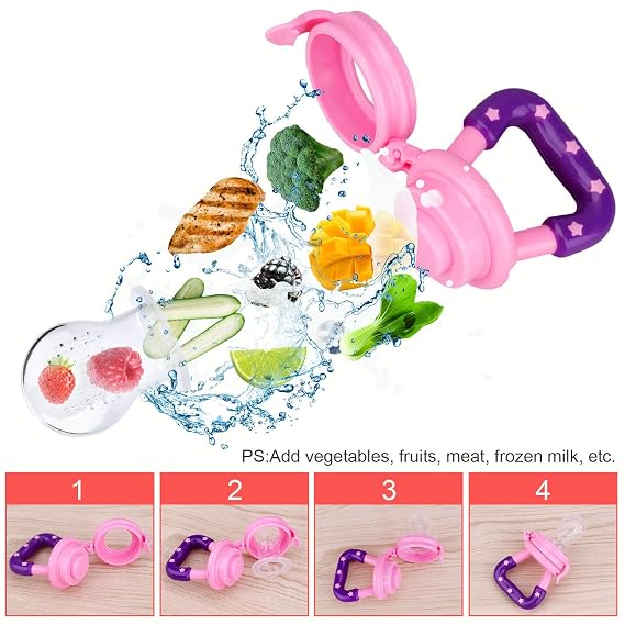 Baby Food Feeder 3 Pack Silicone Fruit Pacifier Teething Reusable Pouches Pacifier Pink by Mluchee(S,M,L)