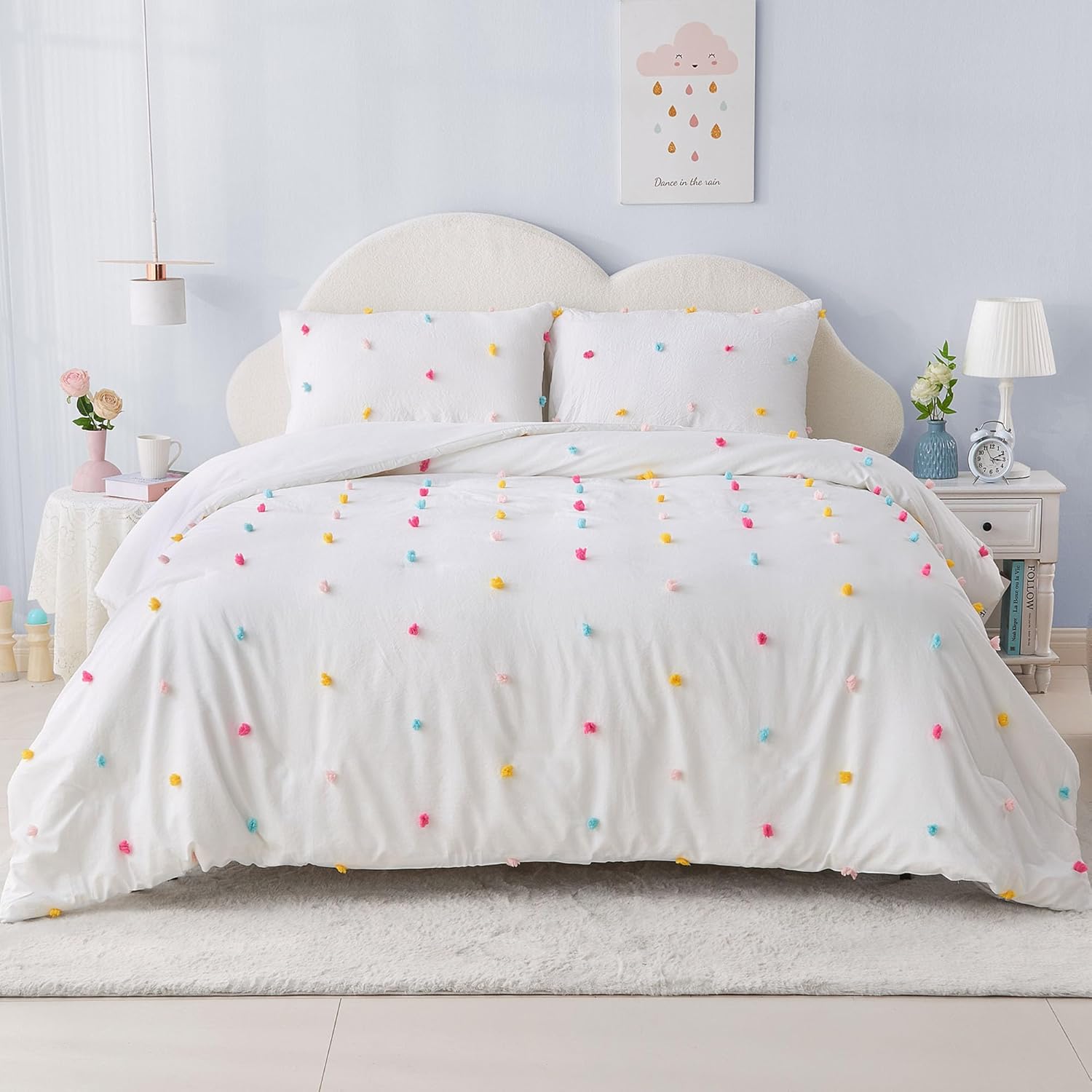 Full Size Kids Comforter Set Colorful Tufted Pom Pom Bedding Set for Girls 3 Piece White Boho Jacquard Quilt Bed in A Bag Lightweight Duvet Bed Set for Kids Teen Girls Bedroom Decor with 2 Pillowcase | Colorful Tufted Dots, Full Comforter Set, Kids Comforter, Teen Girls Comforter, White Comforter, Full Bedding Set