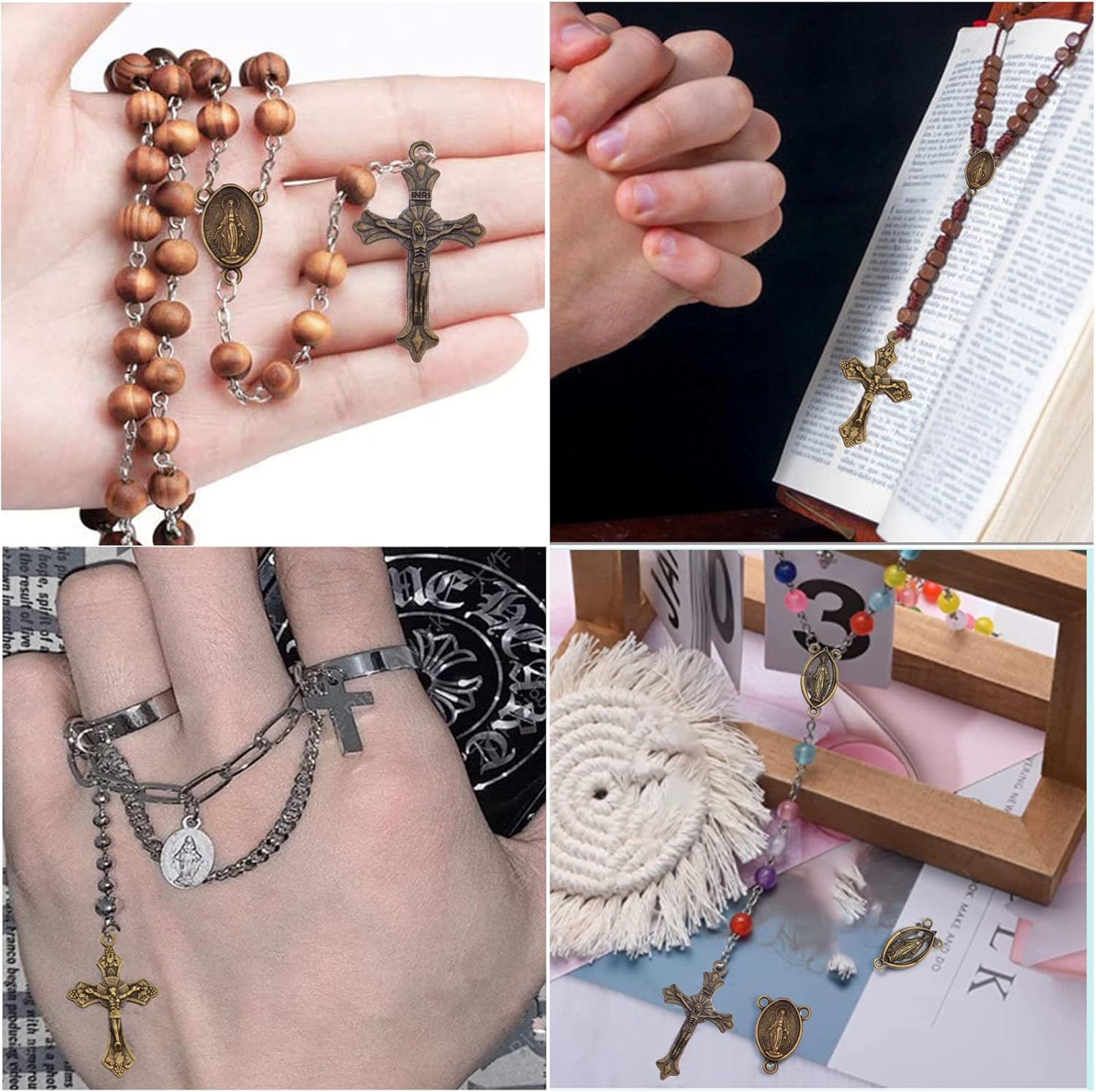 40pcs 4 Styles Tibetan Alloy Rosary Cross and Center Mary Miraculous Medal Jesus Crucifix Cross Charms and Oval Chandelier Links for Catholic DIY Jewelry Making, Antique Bronze - Image 6