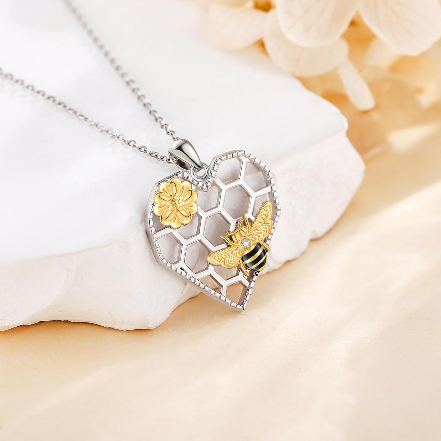 Bee Necklace 925 Sterling Silver Heart Honeycomb Pendant Necklace Bee Flower Necklaces Bee Jewelry Gifts for Women Wife Mom - Image 2