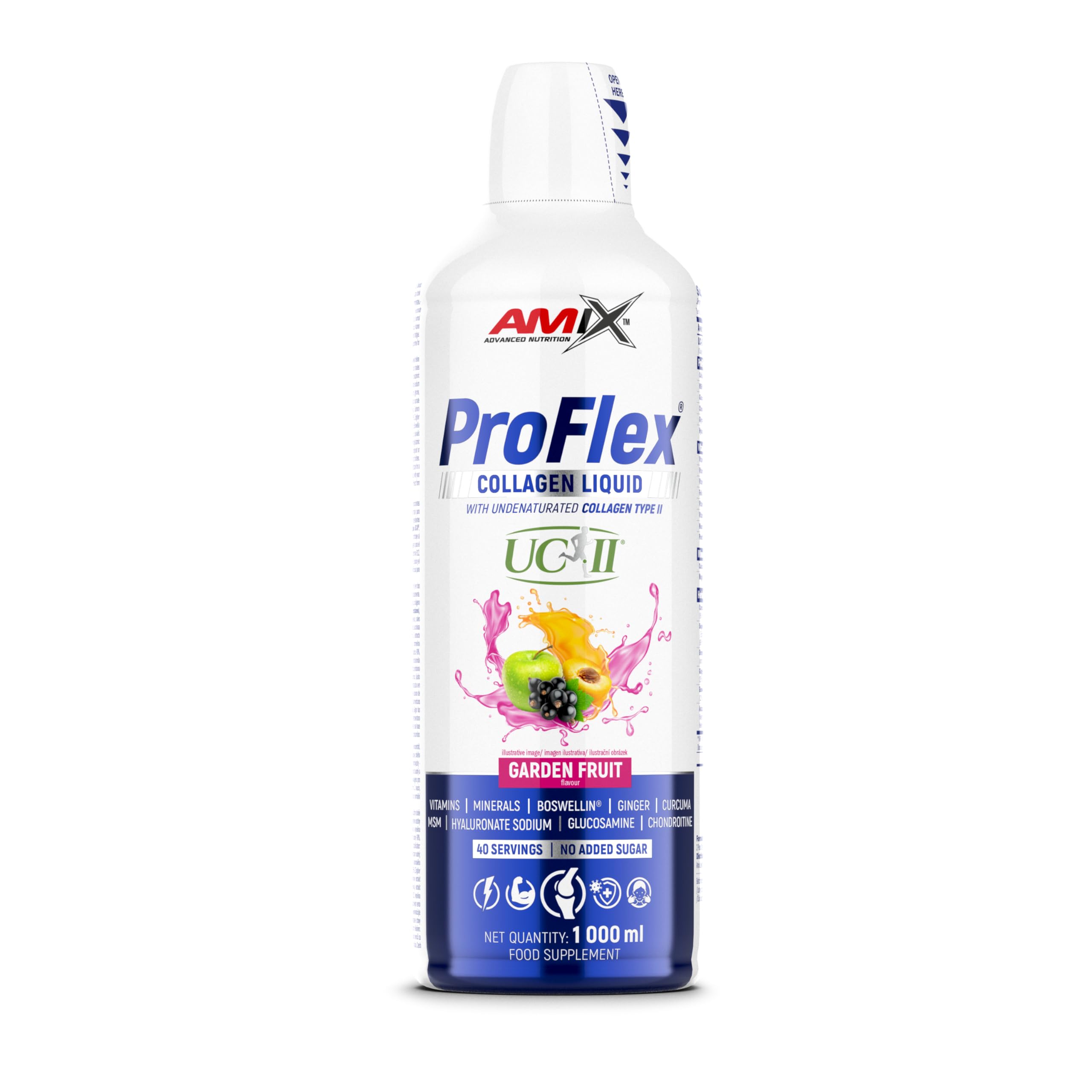Amix™ ProFlex® Collagen Liquid 1000 ml – Concentrado líquido de colágeno con UC-II®, vitaminas, minerales y extractos vegetales, sabor macedonia, sin azúcares añadido