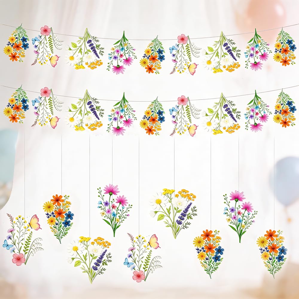 Spring Garland - 2M Pre-Installed Waterproof PVC Flower Banner with 9 Hanging Ornaments - Floral Party Decor for Wedding, Birthday, Home Decoration