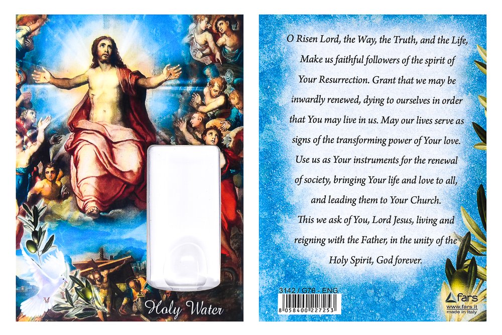 Catholic Gift Shop Holy Water Vial, Christ Is Risen Prayer Card, Holy Water Bottle + Lourdes Prayer Card.