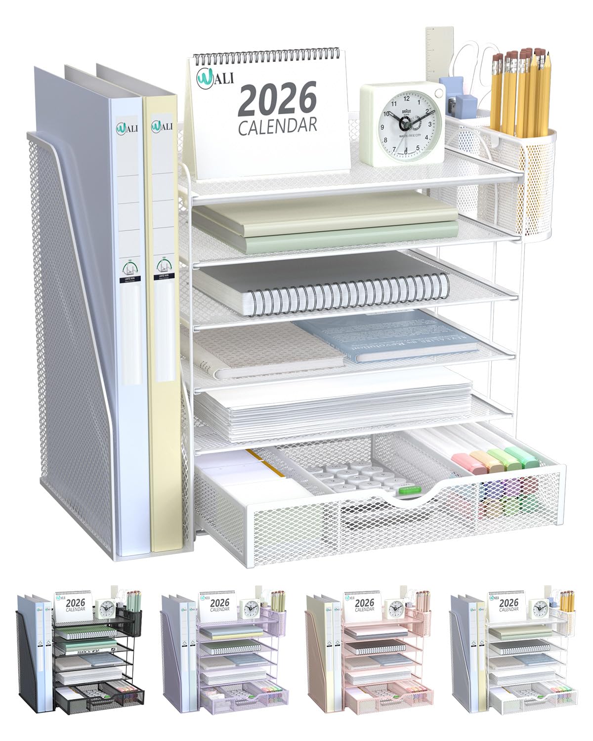 WALI Desk File Organizer, 6 Tier Desktop Paper Letter Tray Organizer with Drawer and 2 Pen Holders, Office Desk Accessories &amp; Workspace Organizers for Office, Home Supplies(DO007DH-W), 1 Pack, White