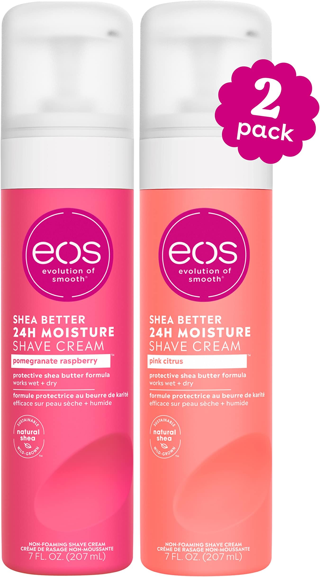 eos Shea Better Shaving Cream for Women Variety Pack - Pomegranate Raspberry + Pink Citrus, Shave Cream, Skin Care and Lotion with Shea Butter and Aloe, 24 Hour Hydration, 7 Fl Oz, Pack of 2