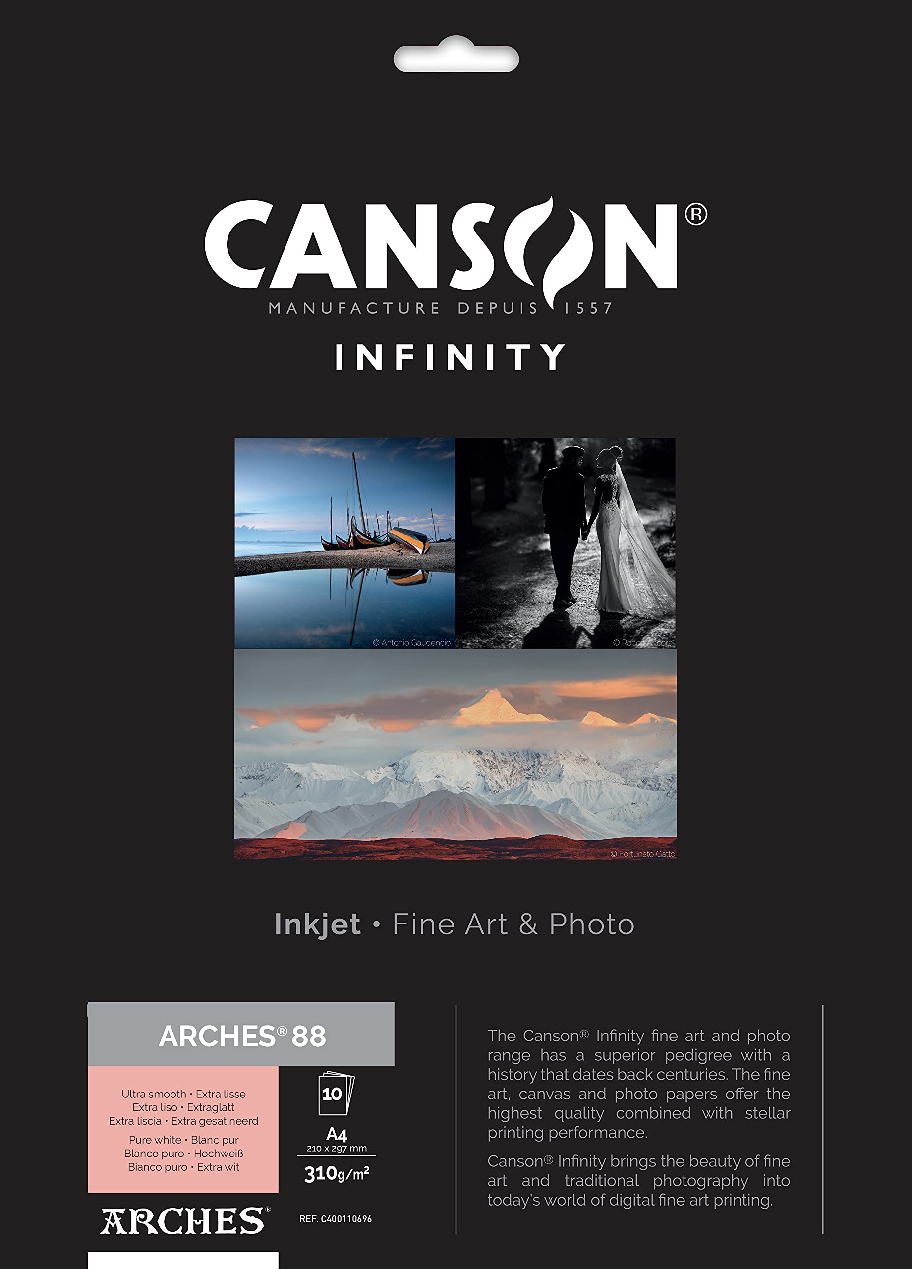 CansonInfinity Arches 88 Rag 310gsm A4 Sheets, Digital Fine Art Reproduction, Ultra Smooth, 10 Pure White Sheets, Ideal for Professional Photographers