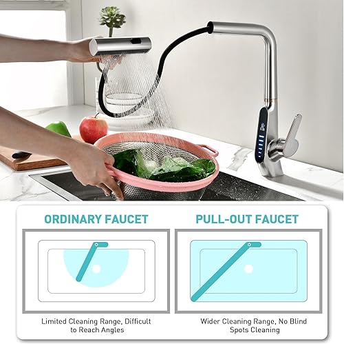 Miniatura 9 de Grifo de cocina en cascada con rociador extraíble, grifo de fregadero de cocina LED con pantalla de temperatura, grifo de cocina extraíble moderno,