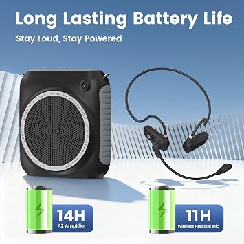 Wireless Voice Amplifier with Headset Microphone, Mini Portable Voice Amplifier for Teachers, Classroom, Fitness, Yoga, Tour Guides, Coaches, Speech, Elderly Outdoors-Black