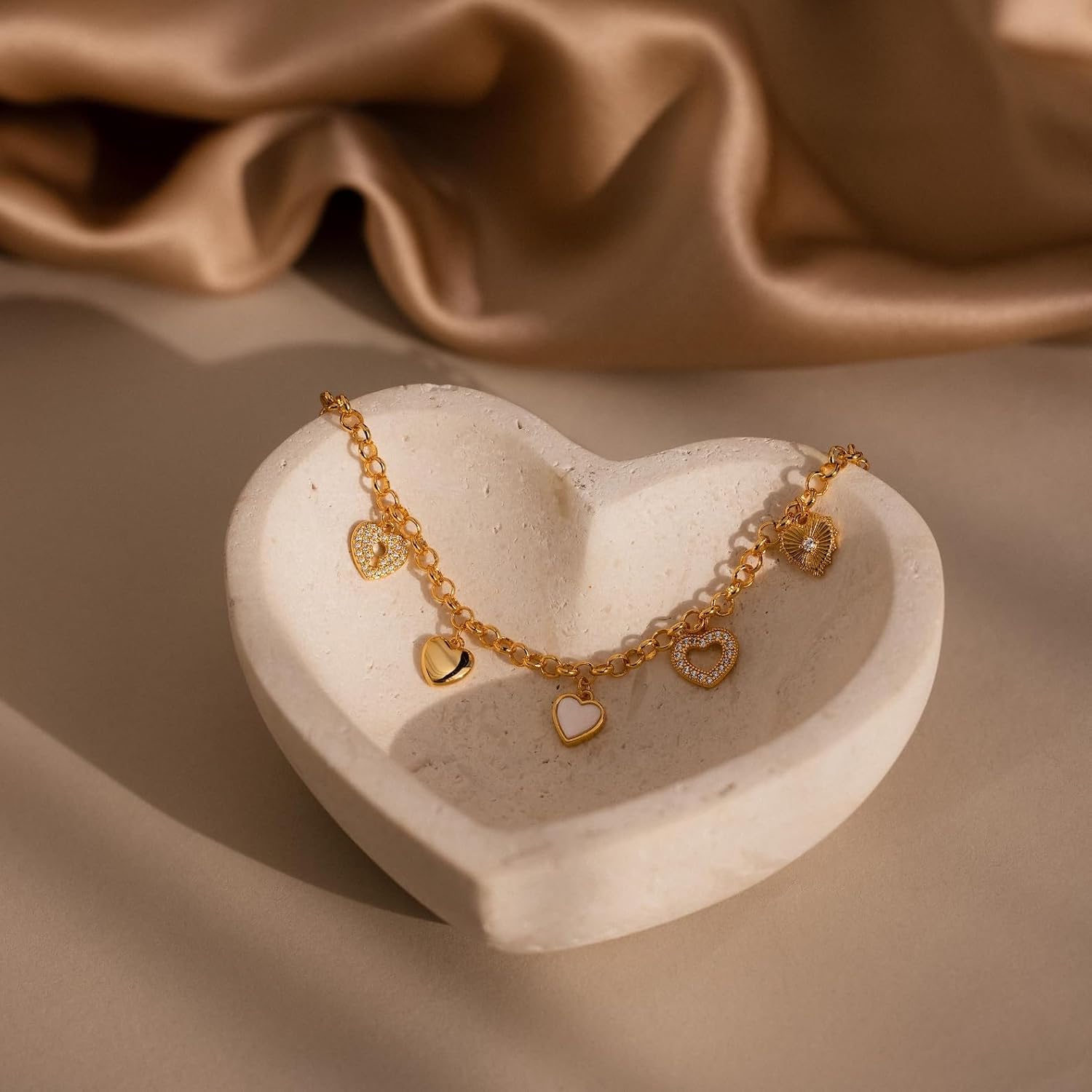 CAITLYNMINIMALIST 18K Gold Plated & Silver Dainty Heart Charm Bracelet – Adjustable Stacking Jewelry Gift for Her