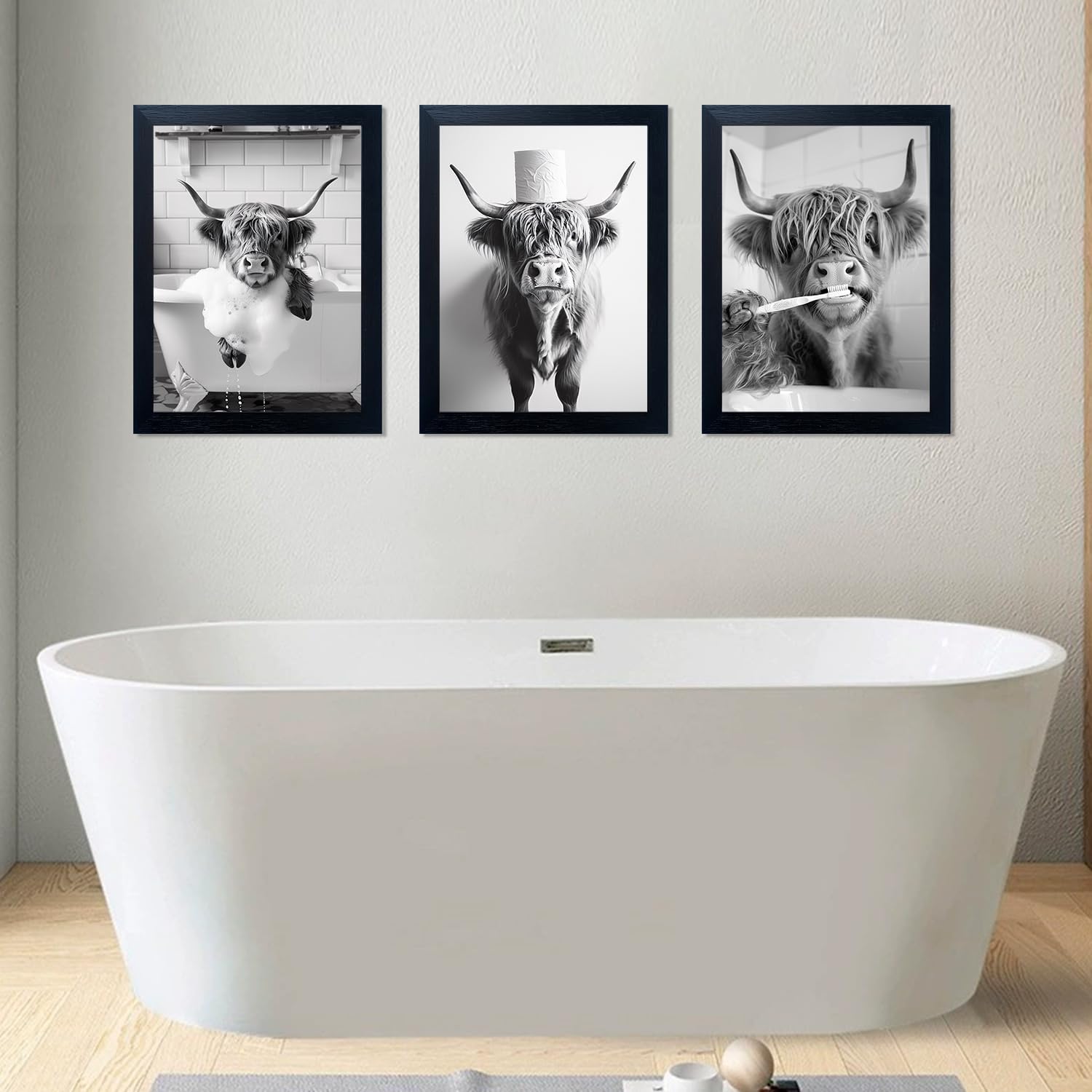 Framed Highland Cow Bathroom Decor 3pcs Black And White Animal Wall Art Funny Toilet Print Poster Bathroom Picture Restroom Decoration