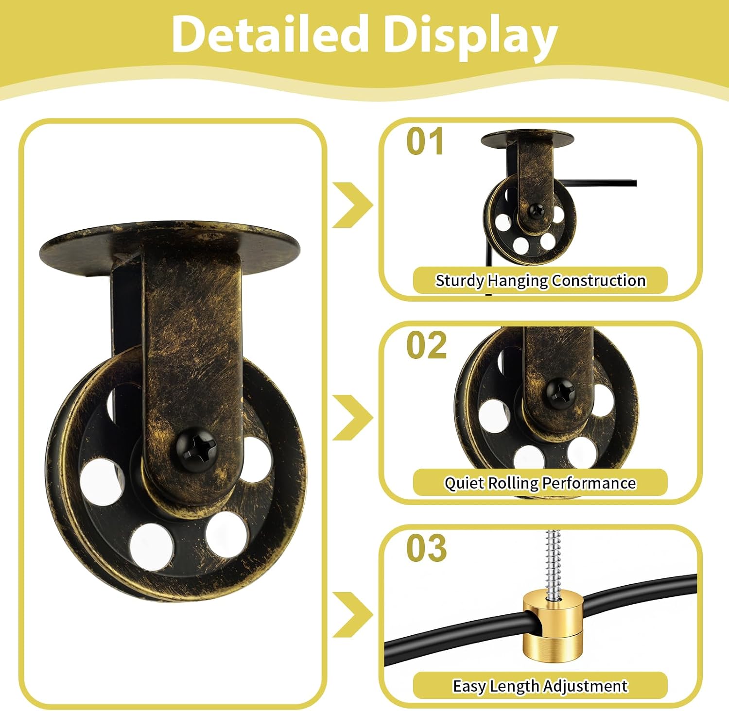 Pulley Wheel Kit, Wall Ceiling Mount Pulley for Plug in Pendant Light, Vintage Metal Pulley Wheels Set for Pendant Lighting Chandelier Ceiling Lights (Brushed Antique Gold)