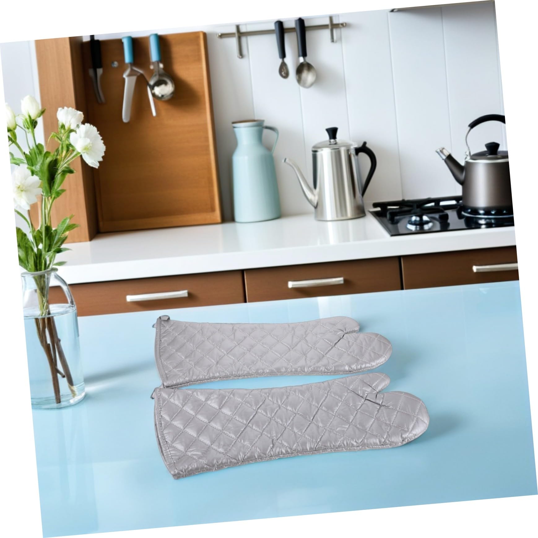 Guantes Resistentes al Calor para Cocina y Barbacoa Manoplas Largas con Aislamiento Térmico Avanzado Diseño Flexible y Antideslizante de Unidades Plateadas para Hornear y Asar