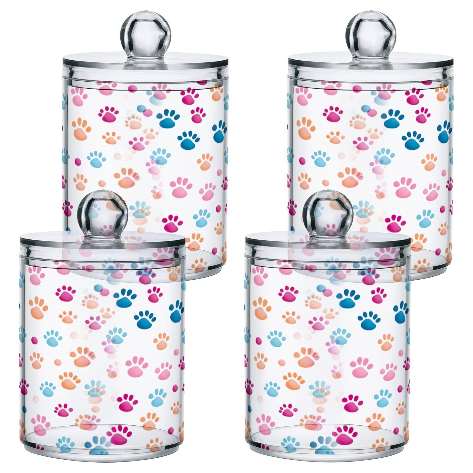 FLildon Colorful Dog Paws Qtip Holder Dispenser, Bathroom Organizer and Storage Containers, 2Pack Clear Plastic Apothecary Jars with Lids for Cotton Ball, Cotton Swab, Floss