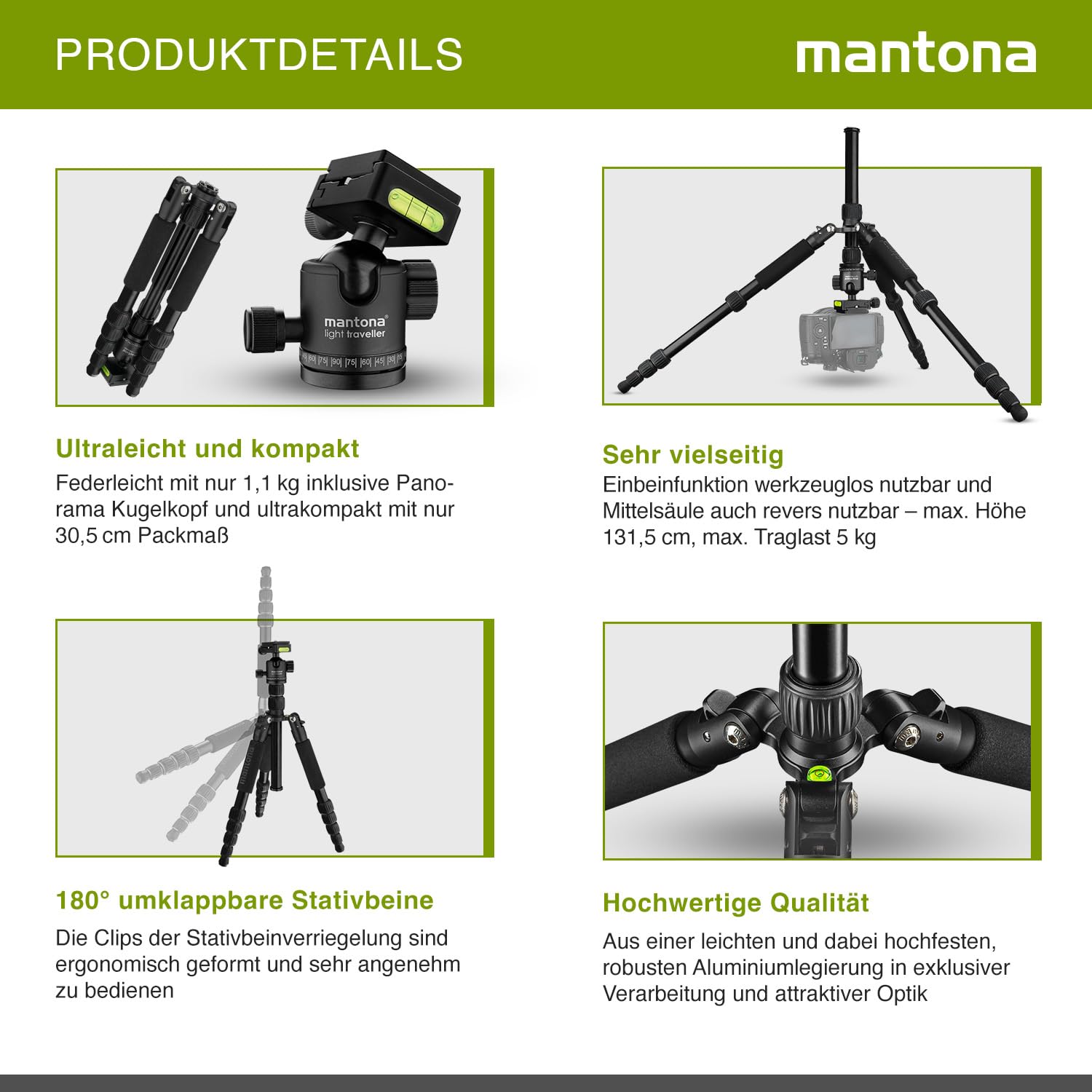 Mantona Light Traveller Reisestativ 131,5 cm schwarz, Kamerastativ aus Aluminium bis 5 kg Traglast, leichtes Fotostativ mit Kugelkopf und Arca-Swiss-Schnellwechselplatte, Tripod und Monopod