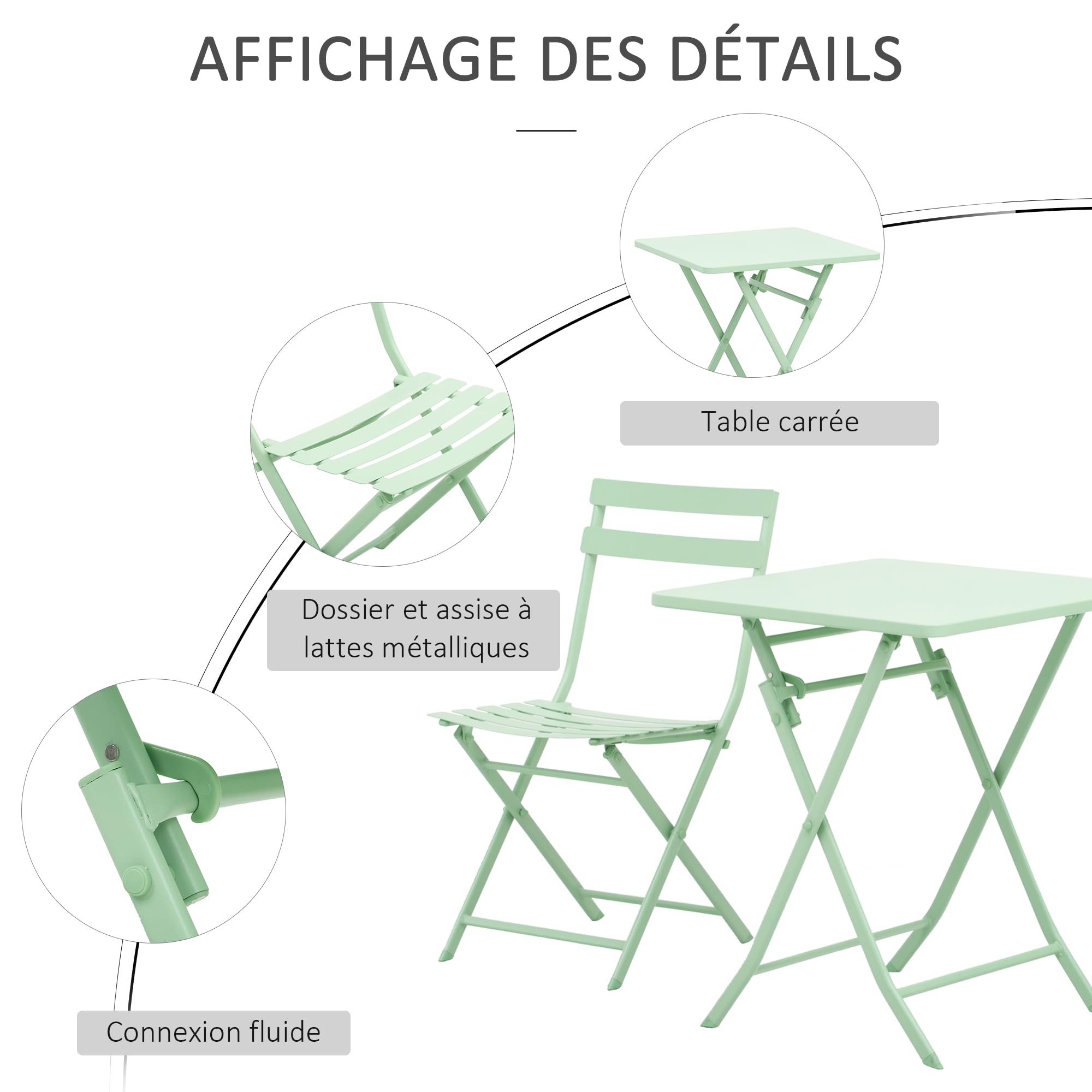 Outsunny Salon de Jardin Bistro Pliable Table Carrée 60x60x71 cm Métal Thermolaqué Vert d'Eau avec 2 Chaises