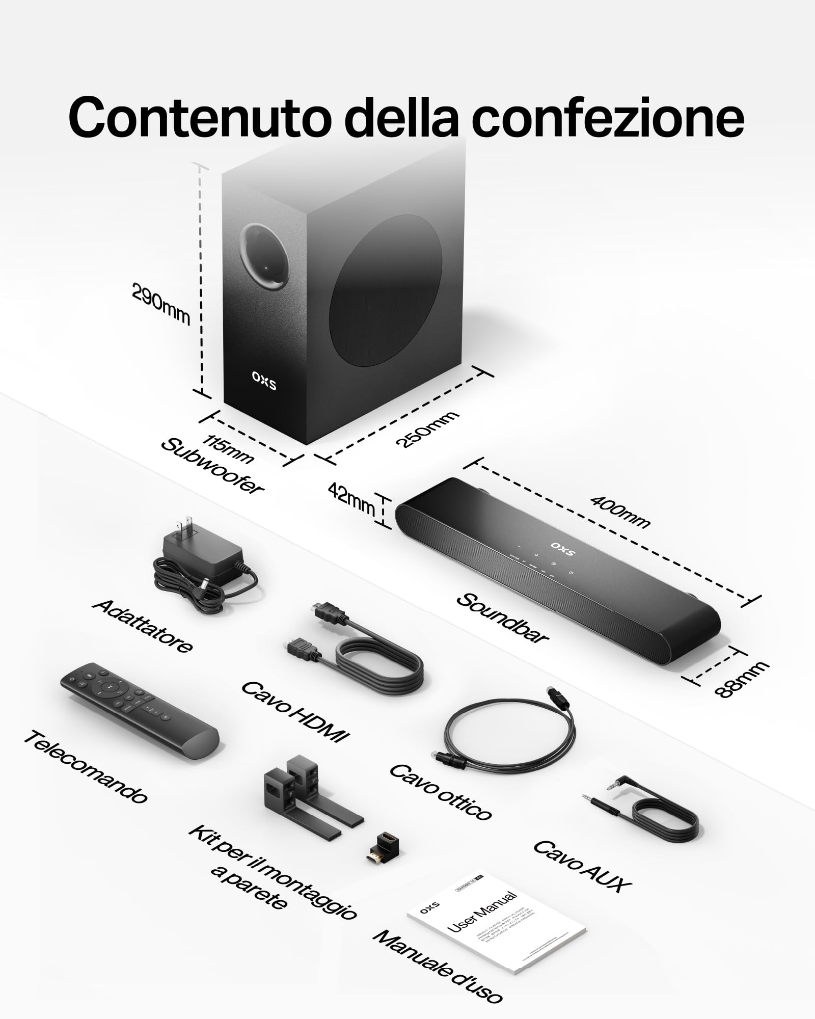 OXS S21 Soundbar, 2.1 Canali con Subwoofer, Suono Preciso con Basso Profondo, 180 W, 3 Modalità EQ, Ultra Compatto, per Home Theater/Musica/Gioco, Compatible con TV, PC, XBOX, PS4/5, Telefono