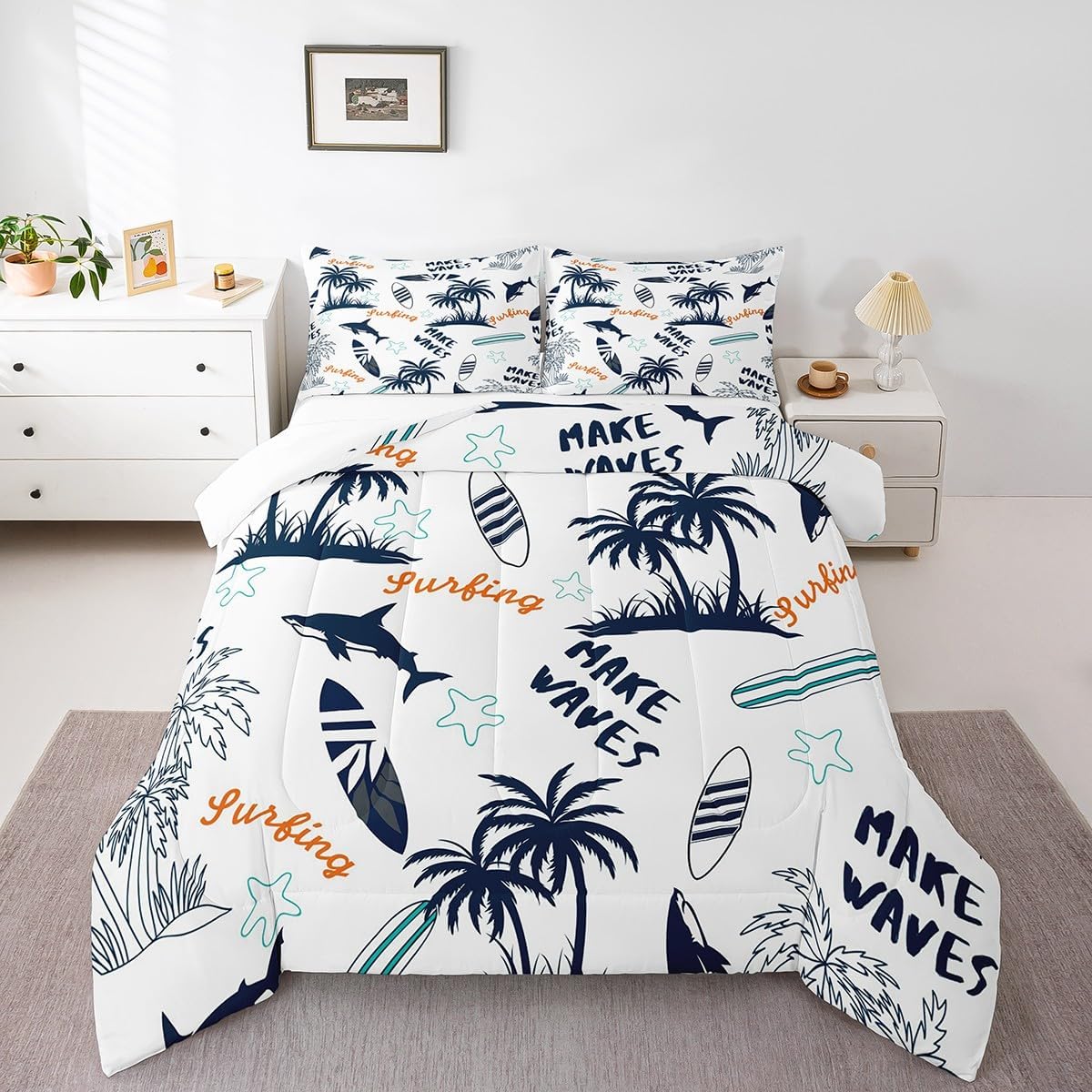 Feelyou Palm Tree Comforter Set Soft Summer Ocean Surfing Bedding Set Hawaiian Tropical Sea Beach Quilted Duvet Bed Set with Comforter for Boys (Full, 3 Pieces) Boys