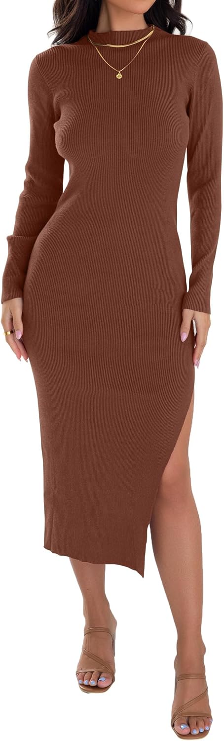 ZESICA Women's 2026 Ribbed Knit Dress Long Sleeve Mock Neck Slim Fit Side Slit Fall Elegant Sweater Dresses