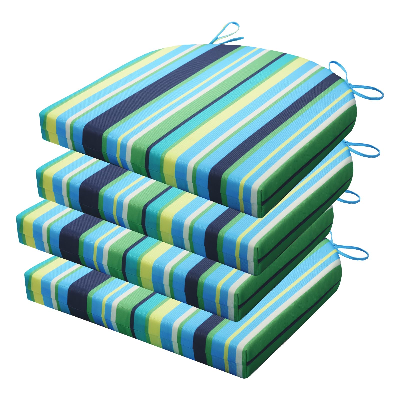 HOMELYSIAN Outdoor Chair Cushions Set of 4, 17x16x3 Inch Patio Chair Cushions, Water Resistant, Non-Slip Ties (Blue & Green Pinstripe)