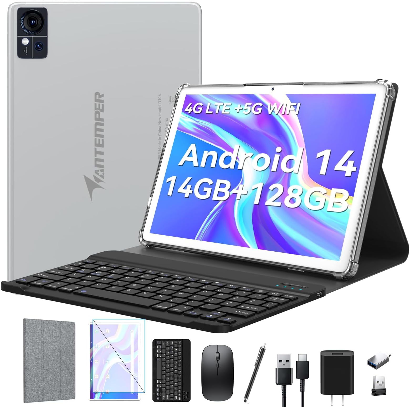 ANTEMPER Tablet 10 Inch,2 in 1 Tablet with Keyboard Mouse, Android 13 Tablet with 16GB+128GB,Octa-Core,1080 FHD,13MP,GMS-Zertifizierung,GPS/WiFi/Bluetooth
