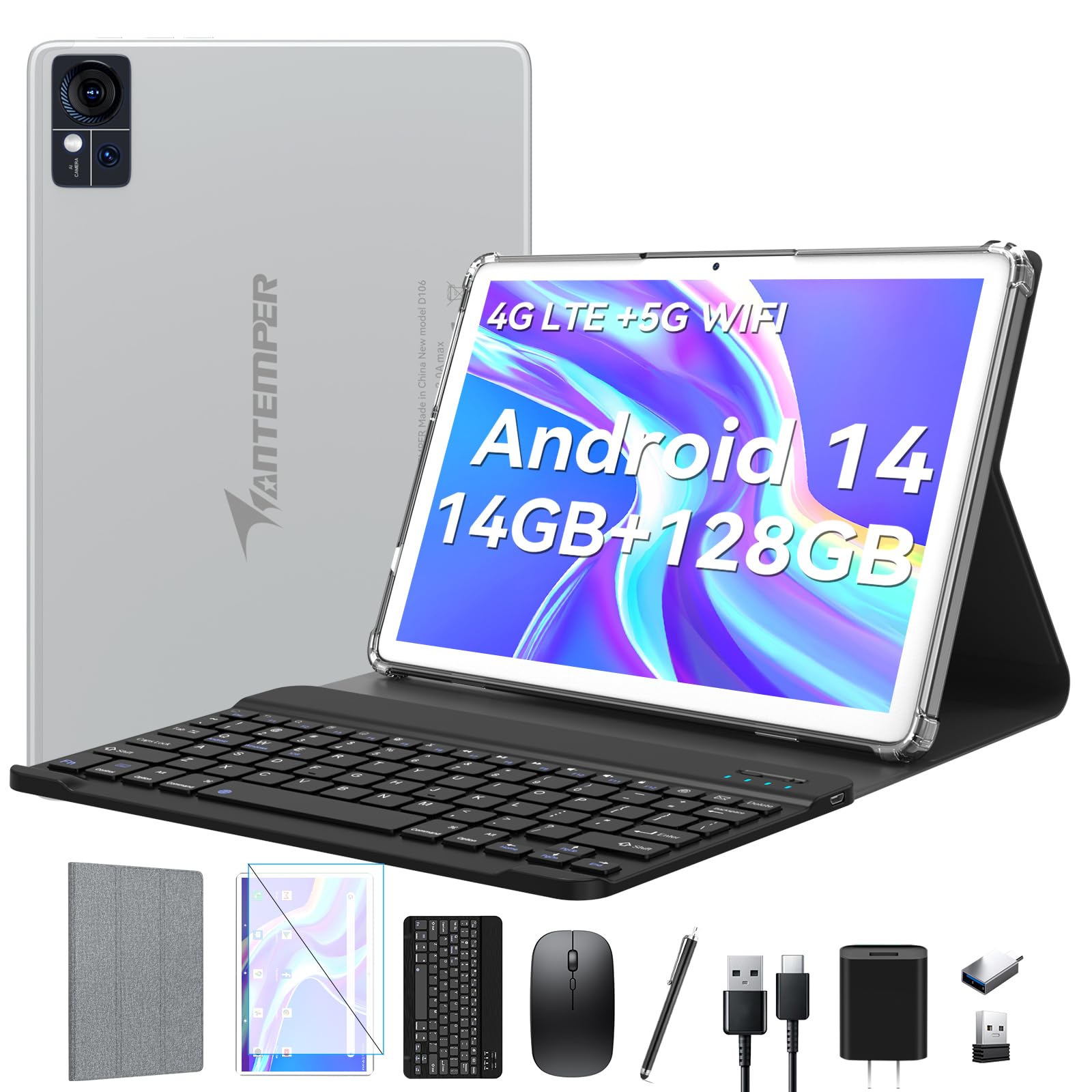 2025 Android 14 Tablet 10 inch,4G Cellular Tablets with 2 SIM 1 SD slot,5G Wifi Android Tablet 128GB ROM +14GB RAM(1TBTF),3-in-1 Tablet with Keyboard-8000mAh,Octa-core,1080FHD,13MP+8MP,GPS-Silvery