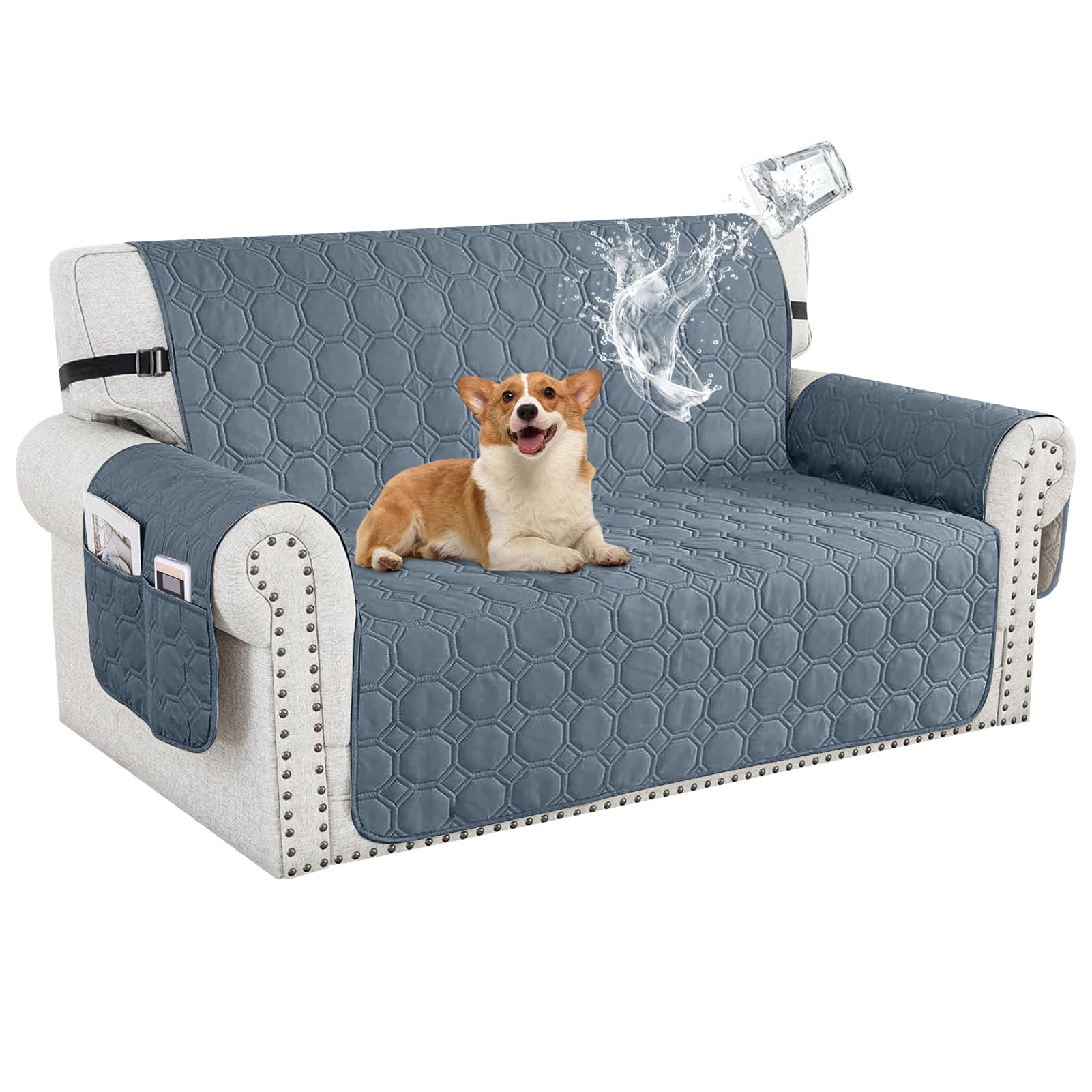 100% Waterproof Sofa Covers for Pets, Non Slip Sofa Slipcovers Couch Cover for Living Room Washable Pet Couch Cover with Elastic Straps Furniture Protector (Gray Blue,2 Seater)