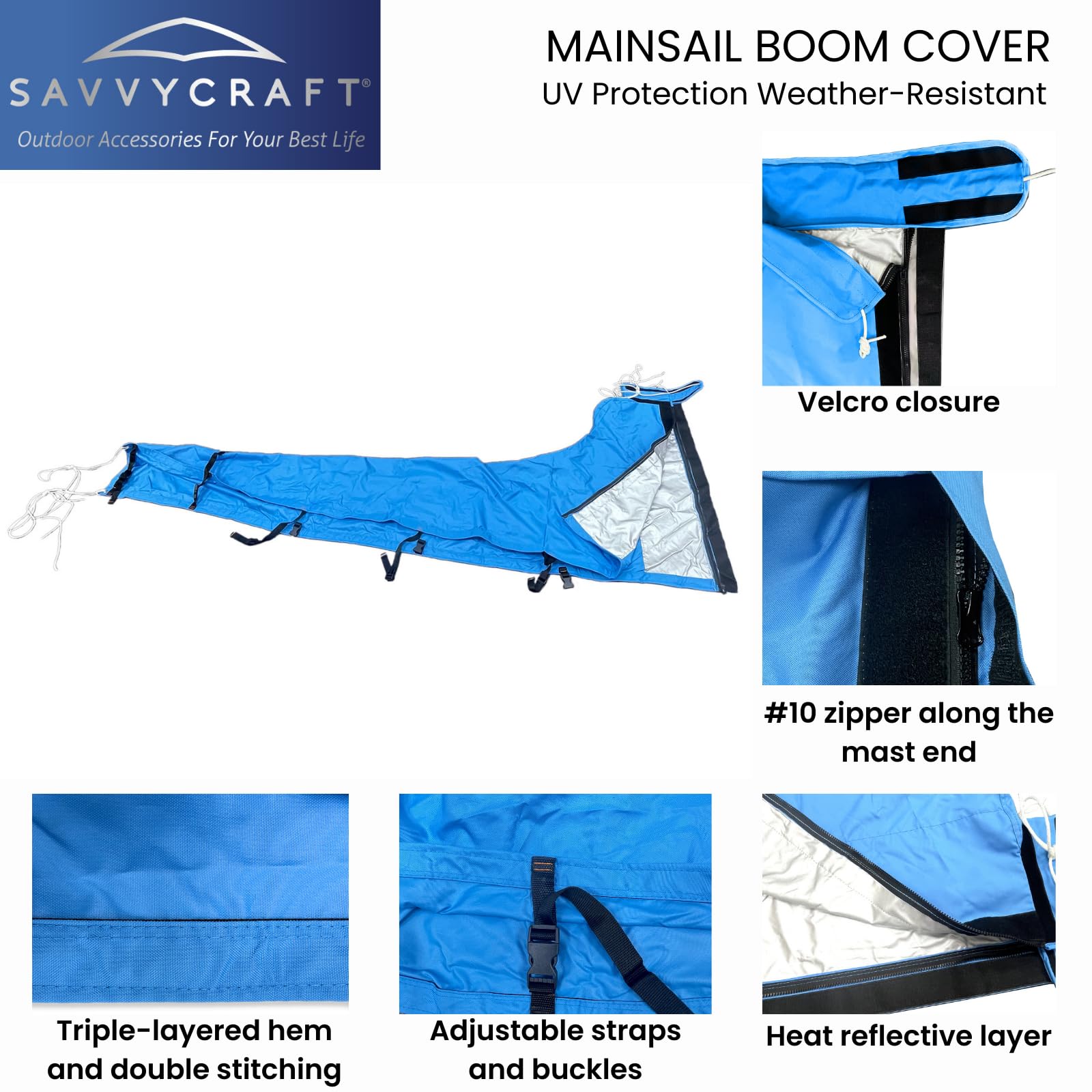 SavvyCraft Waterproof Mainsail Boom Cover, Heavy Duty 600D Sailboat Mainsail Cover UV Protection Weather-Resistant, Boom Length 13'-14' Blue
